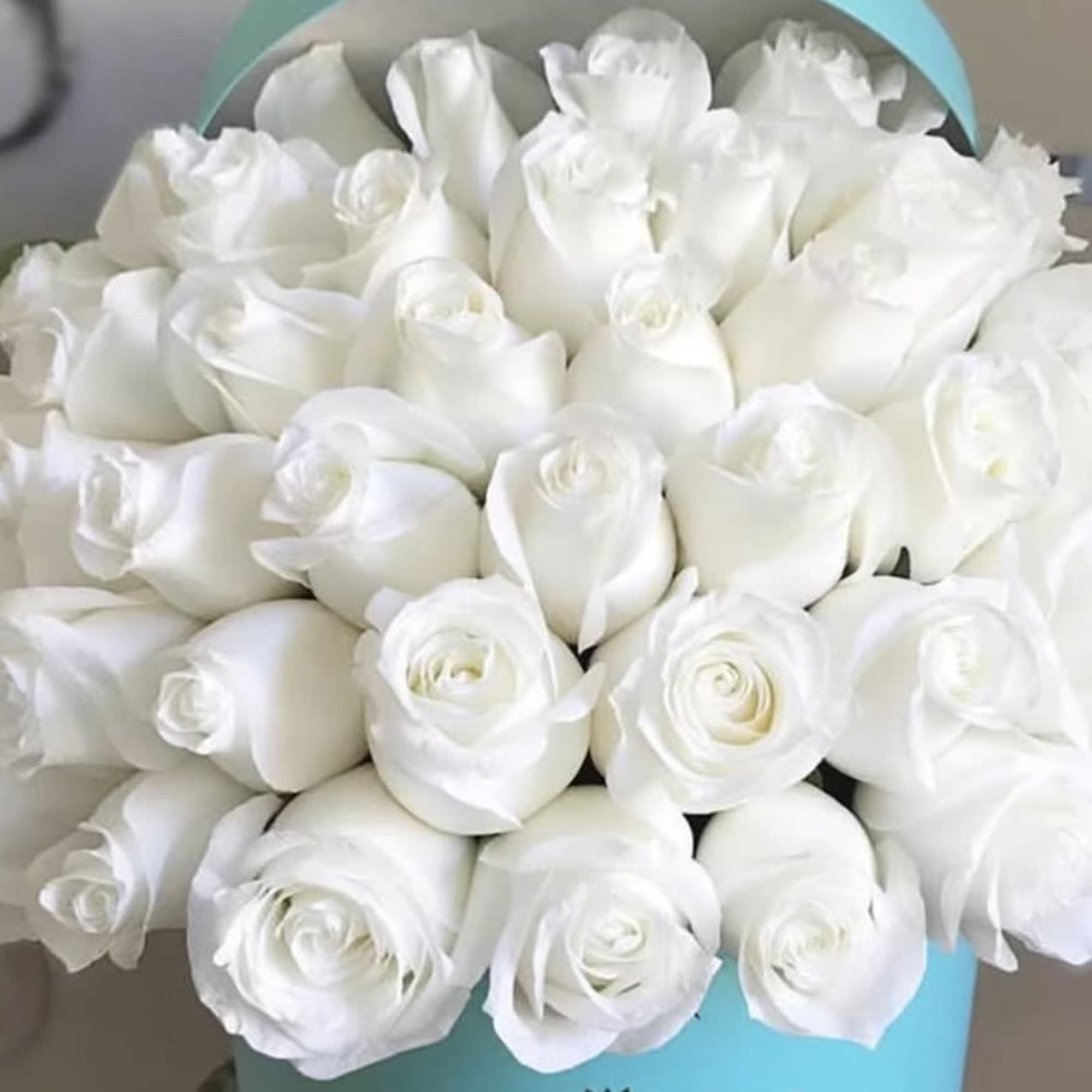 Bouquet of white roses in a turquoise box
