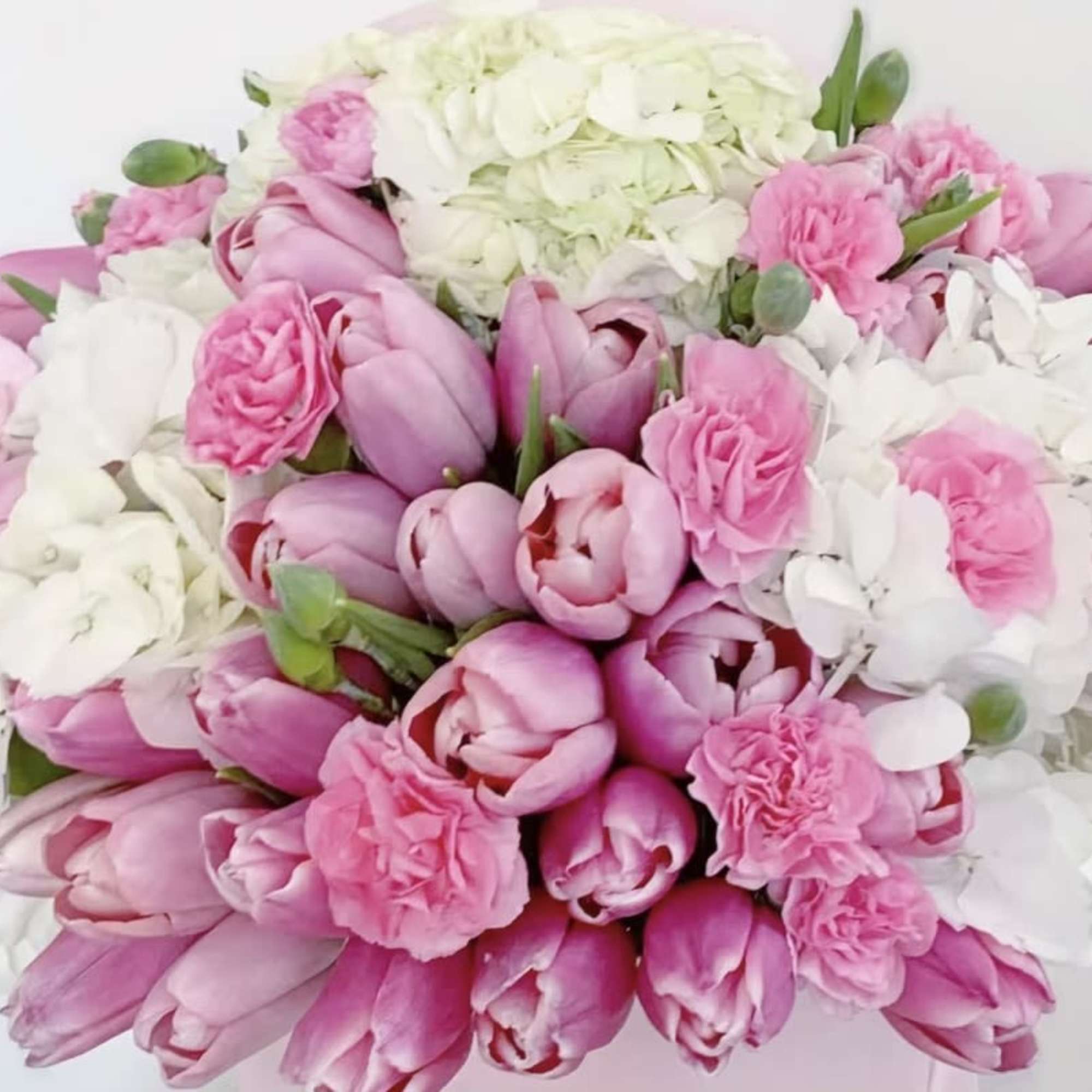 Dome-shaped bouquet of pink tulips, pink roses, and white hydrangeas.