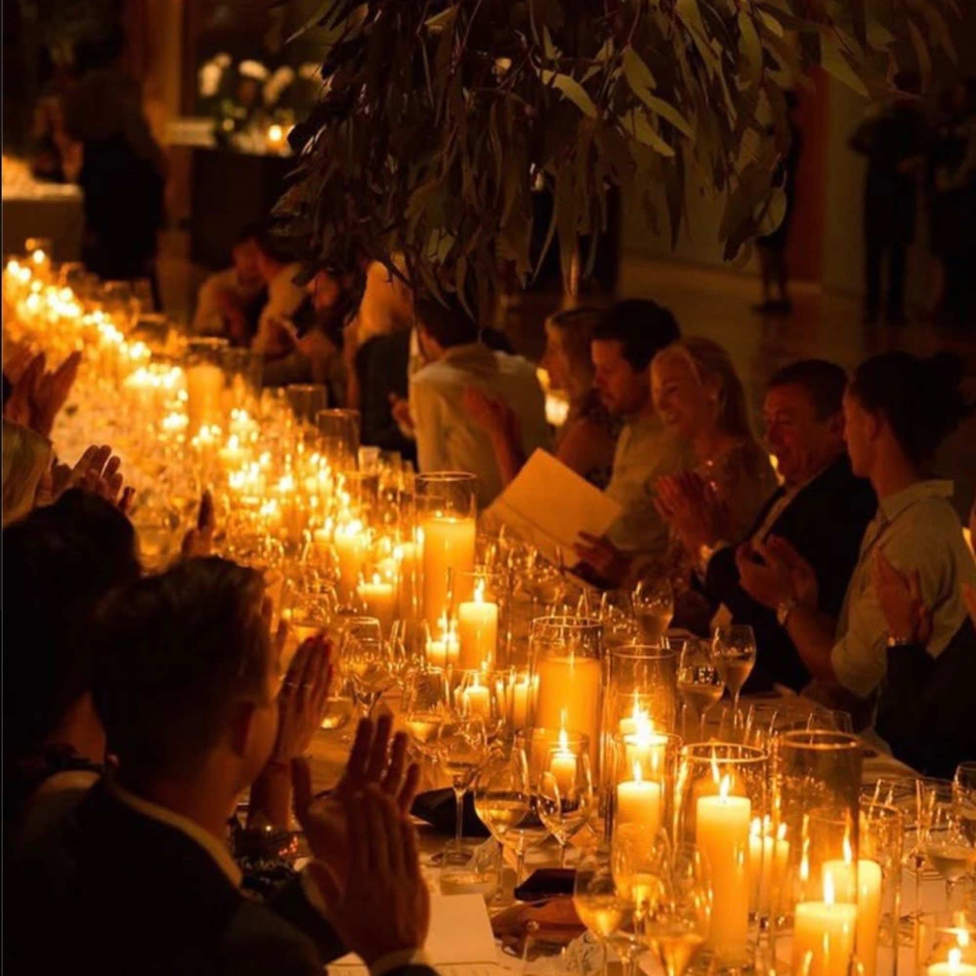 Candlelit banquet table with hanging greenery overhead