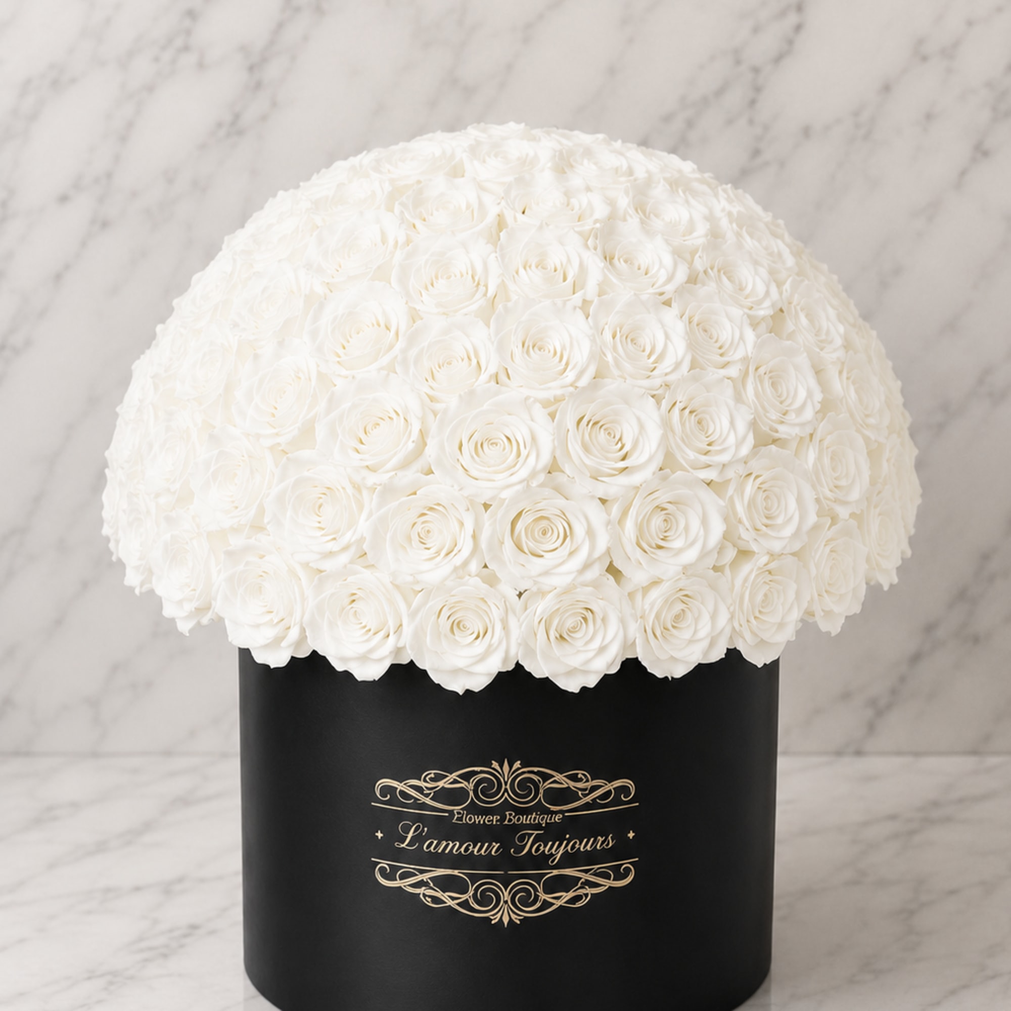 White rose dome in a black round box