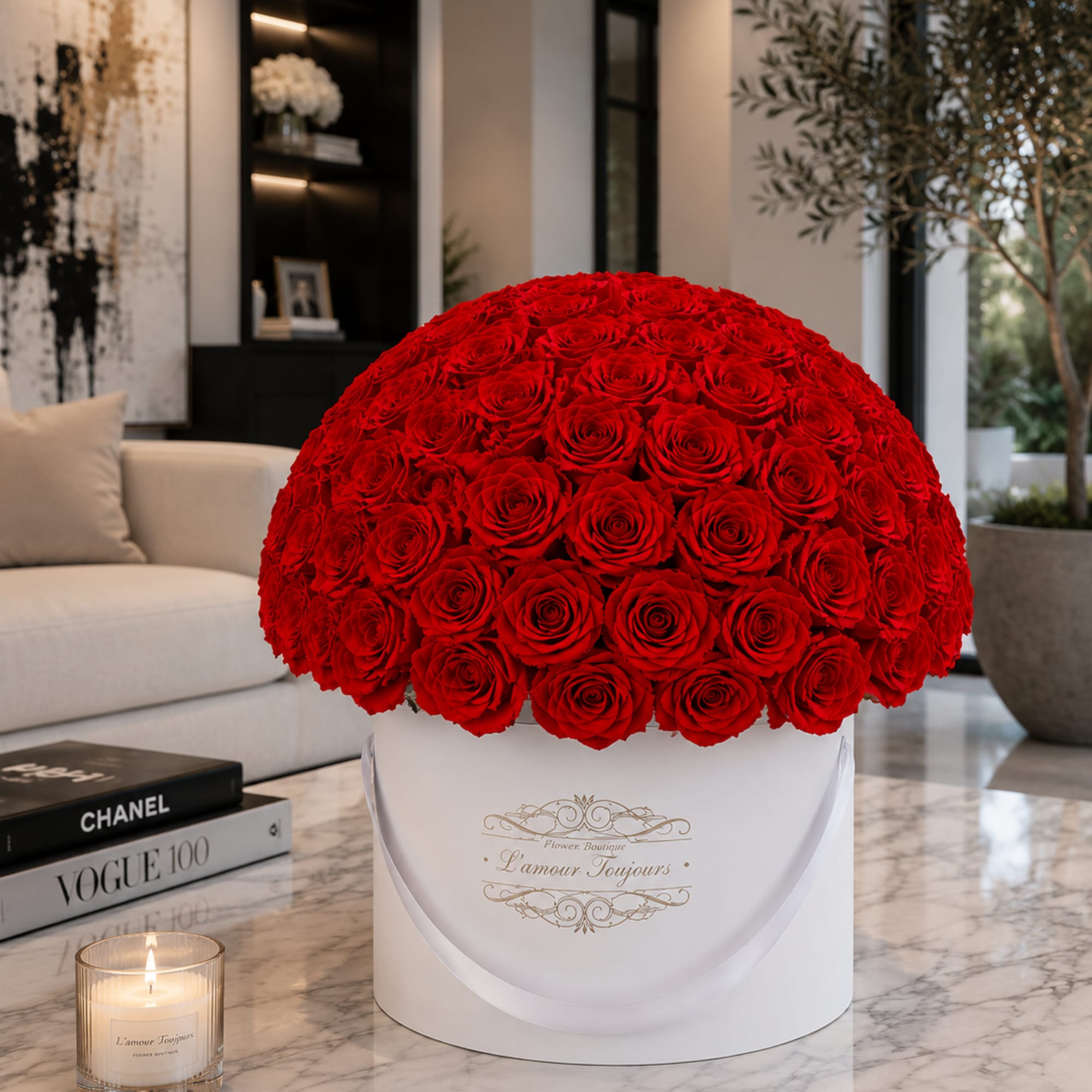 Large dome of red roses in a white hat box on a marble table