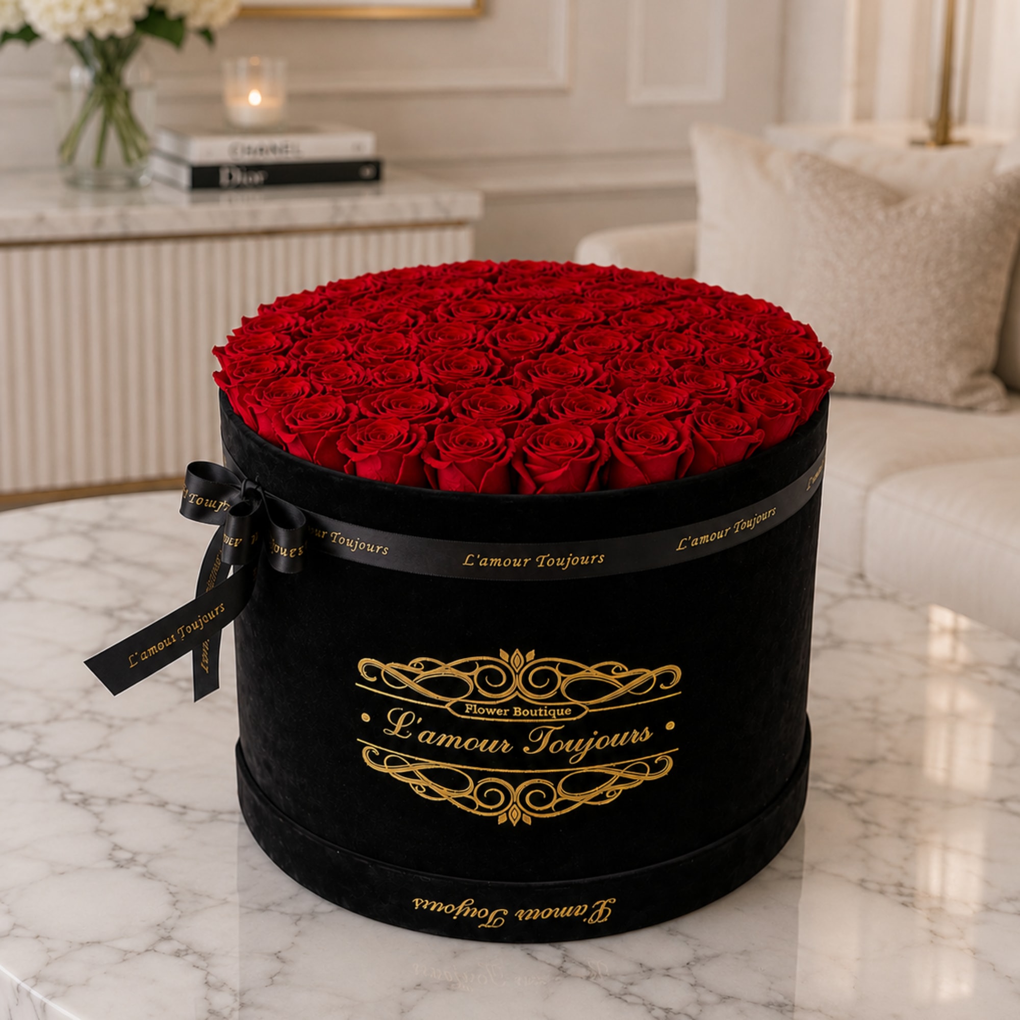 Round box of red roses with a black ribbon on a marble table