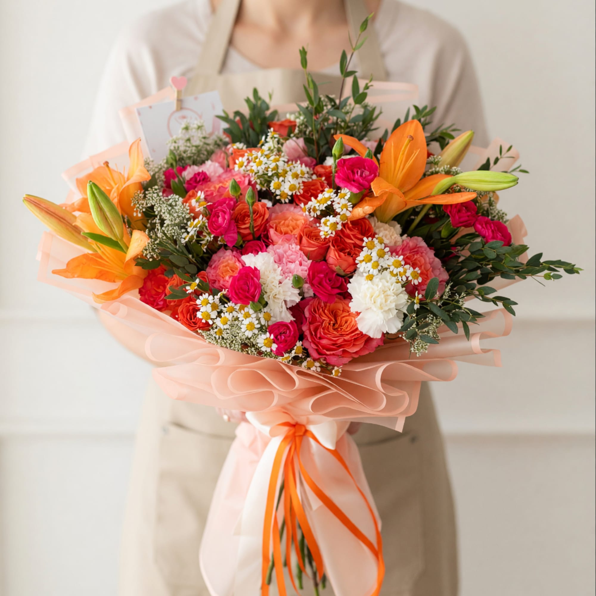 Large bouquet of orange lilies, pink and white flowers, wrapped in peach paper