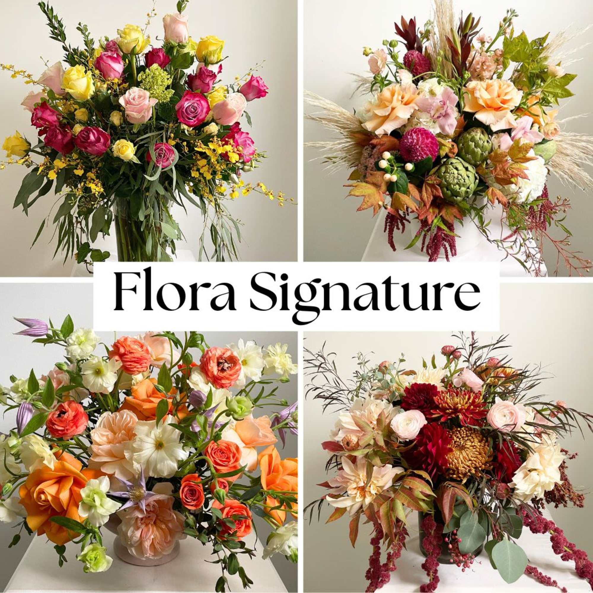 Collage of four colorful mixed floral arrangements in glass and white ceramic vases with text reading Flora Signature