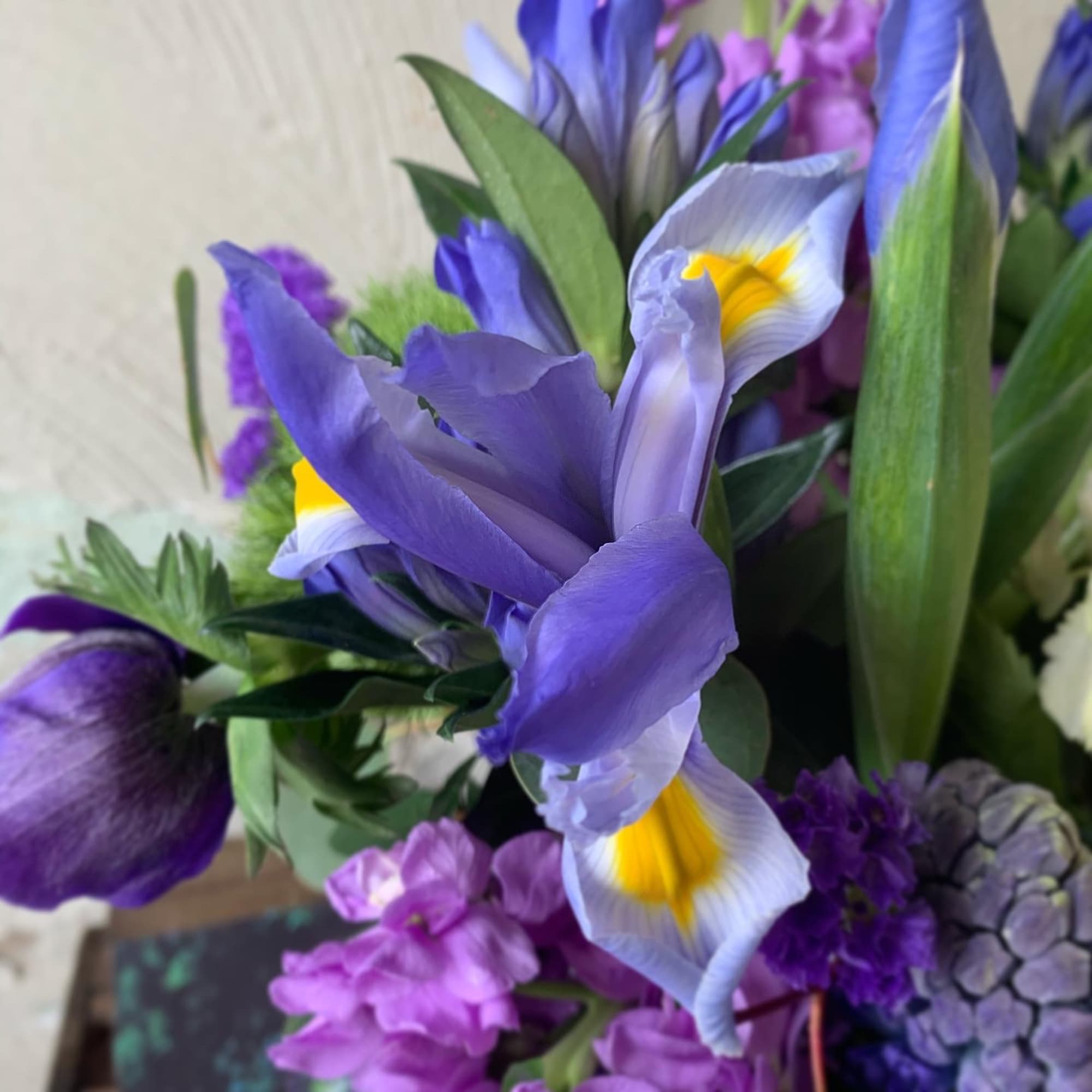 Purple iris bouquet with lavender and yellow accents