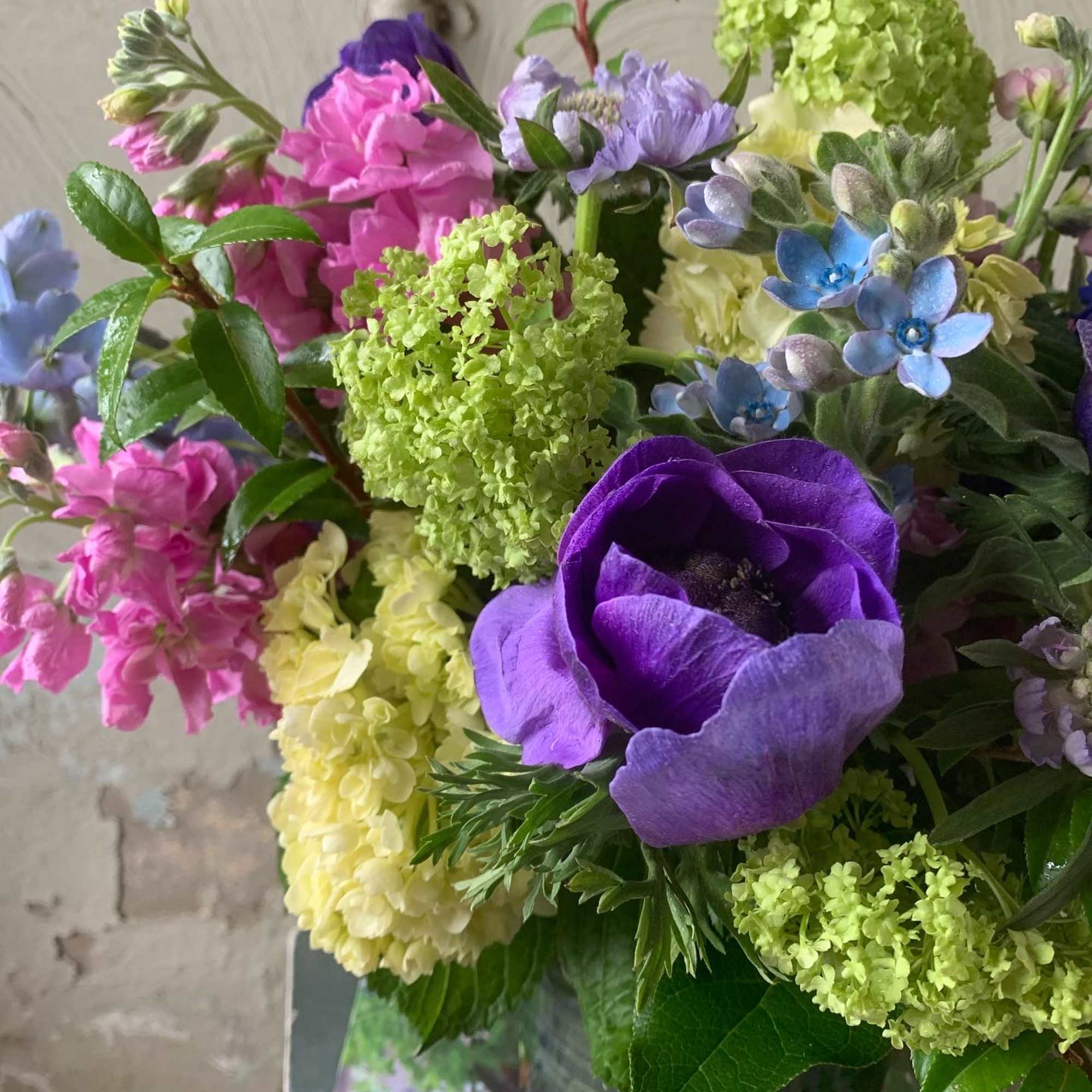 Bouquet of purple, pink, and green flowers with blue accents