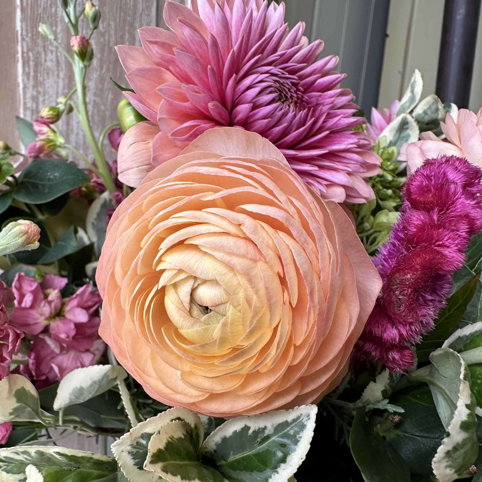 Chic feminine Fall tones of seasonal florals that showcase dahlias, ranunculus, celosia, photo 2 of 3