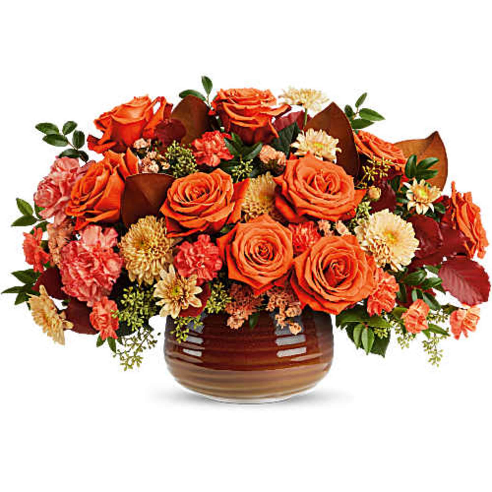 Orange roses and mixed flowers arranged in a brown ceramic vase