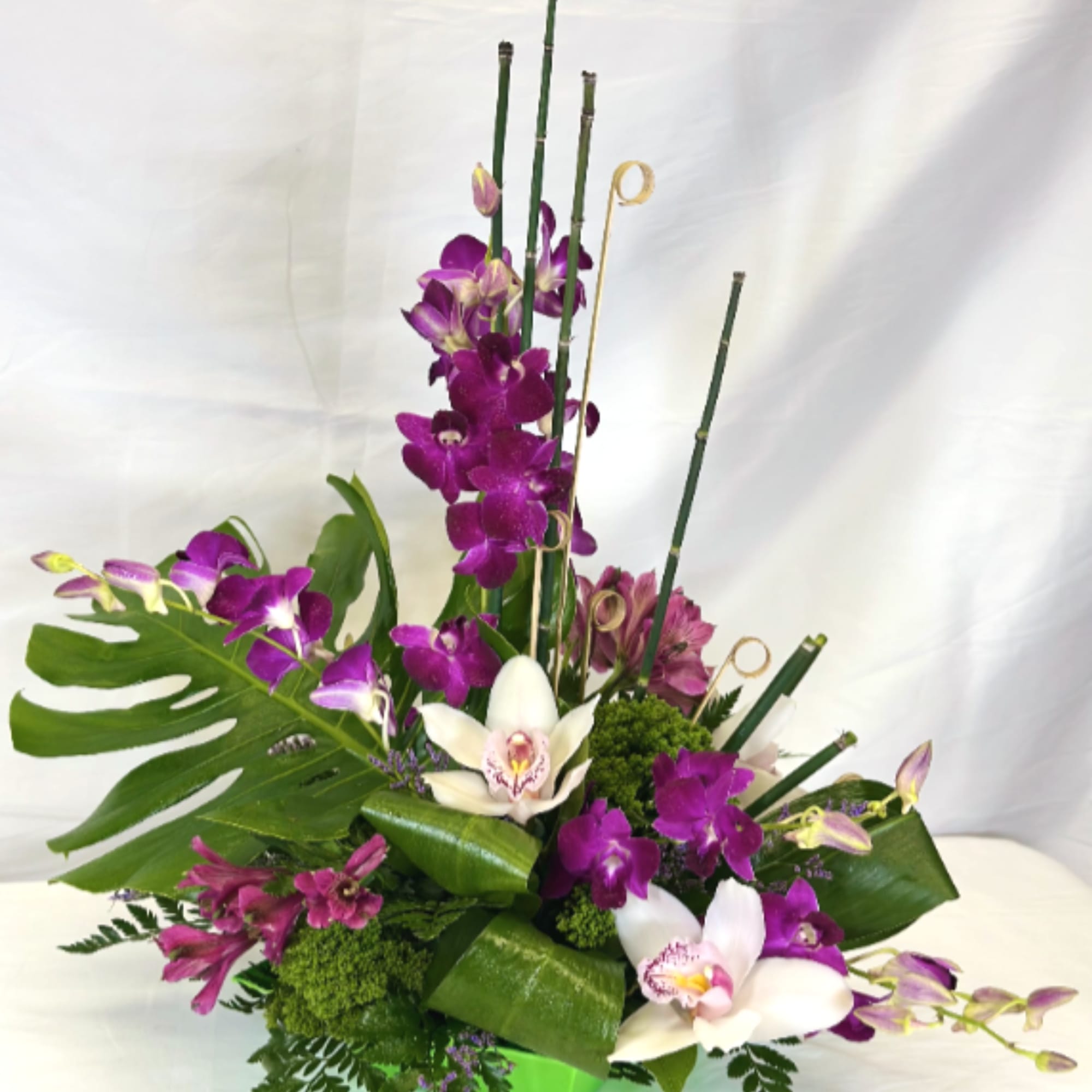 Tropical arrangement with purple and white orchids and a large monstera leaf in a green container