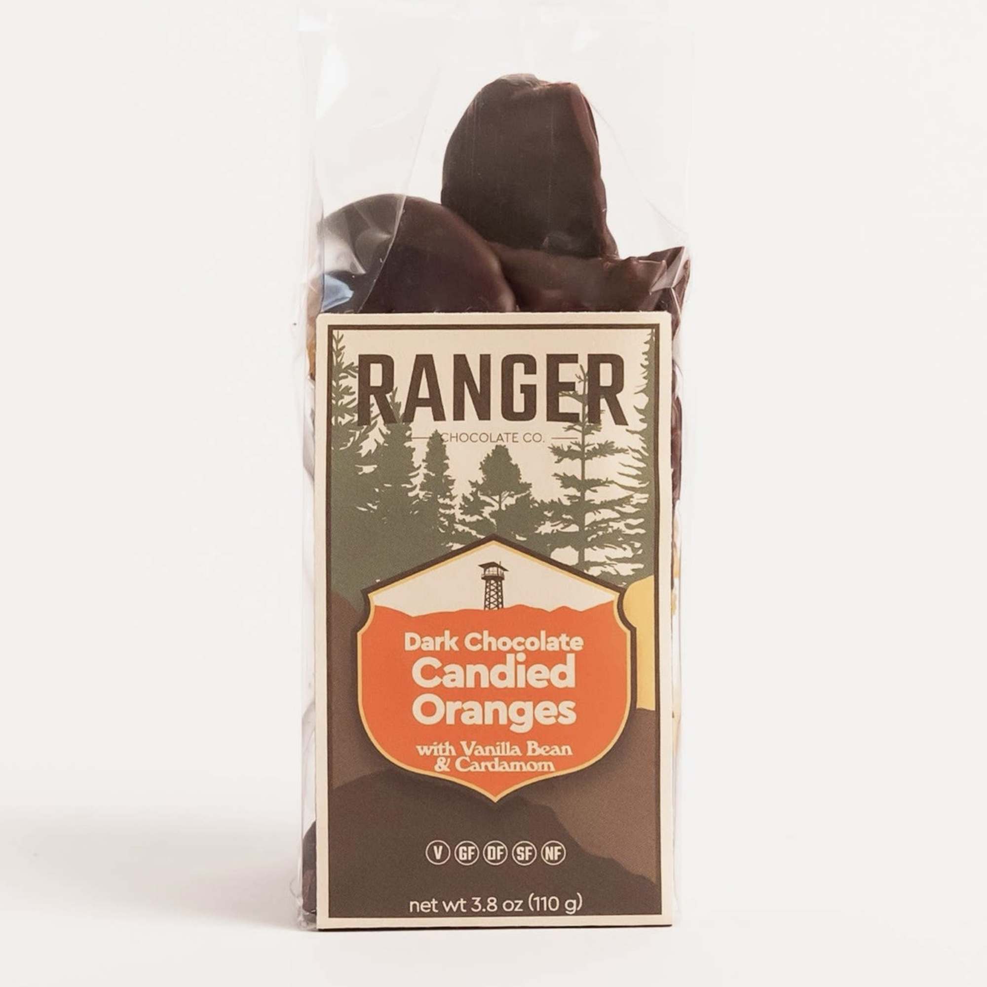 Package of dark chocolate candied oranges in clear wrapping
