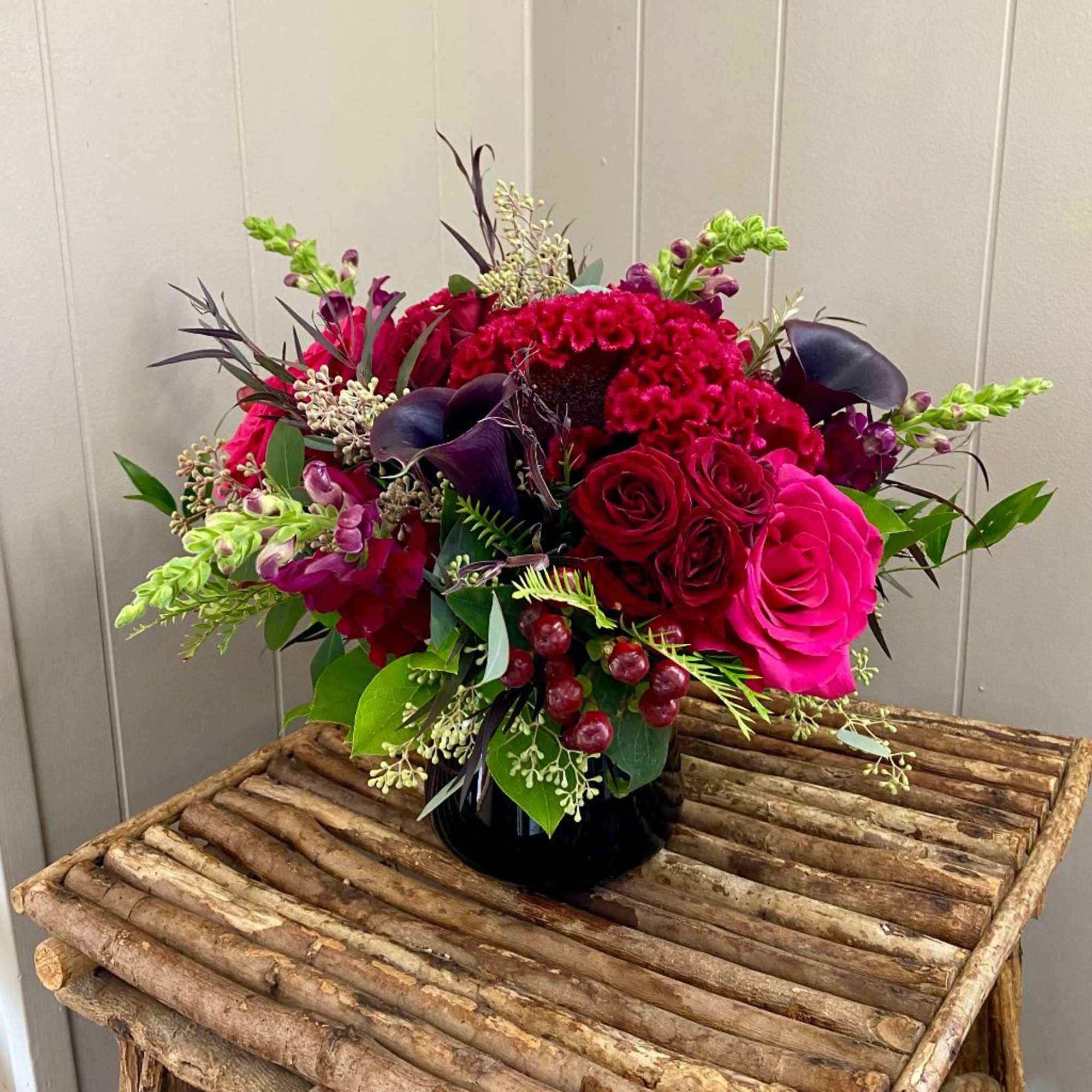 This seasonal delight is crafted with jewel toned roses, spray roses, calla, photo 2 of 2