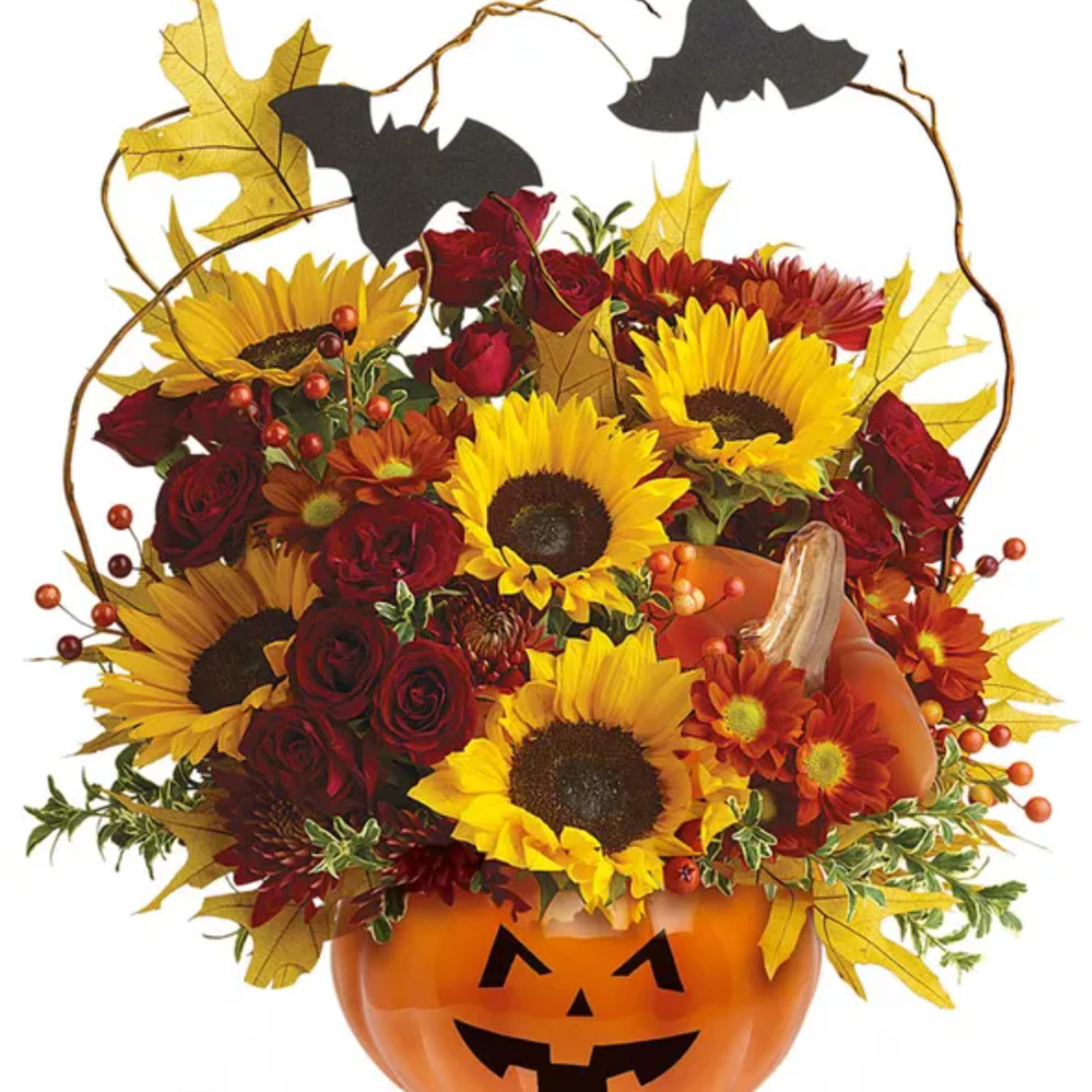 Halloween bouquet in a jack-o'-lantern pumpkin container with sunflowers and roses