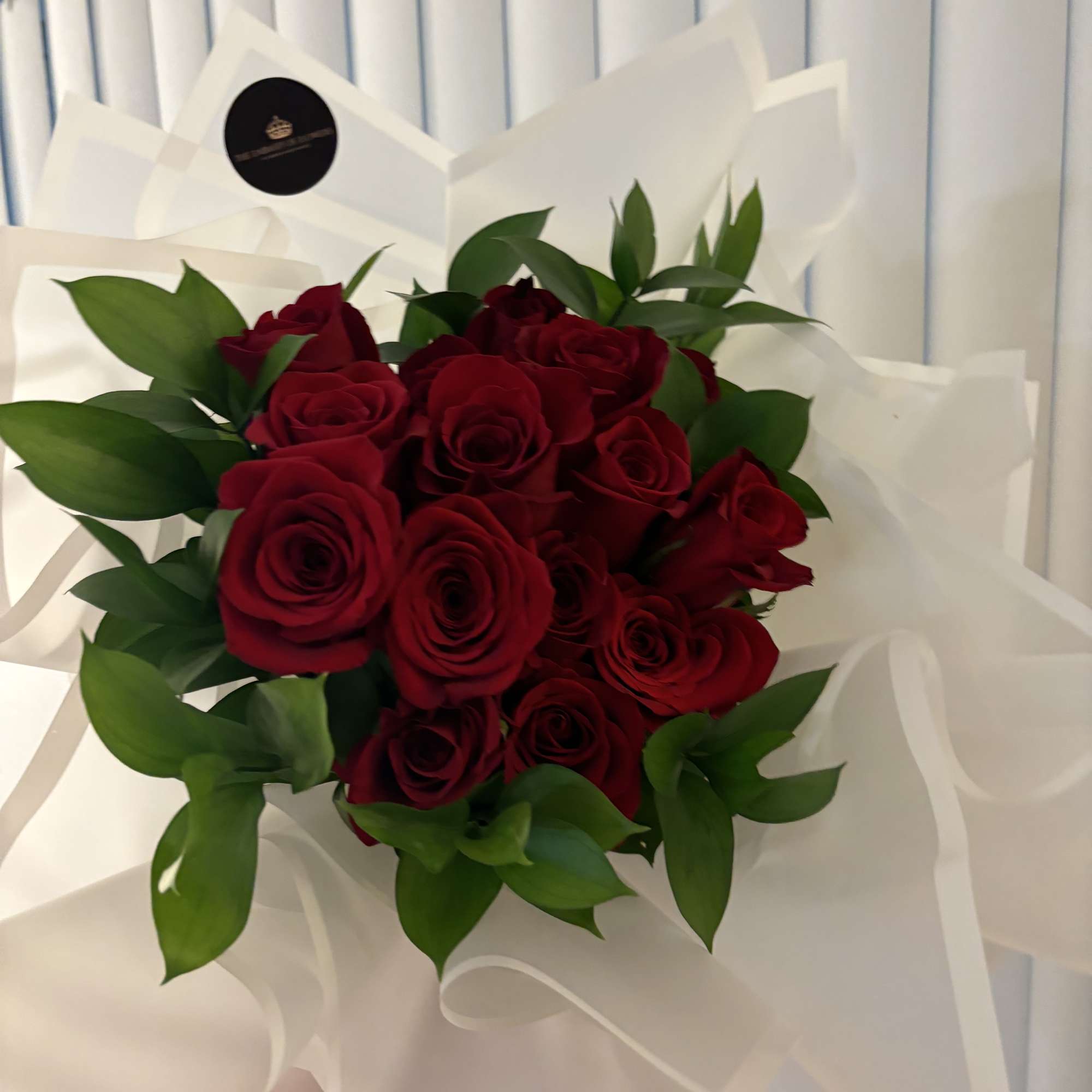Handheld bouquet of red roses wrapped in ruffled white translucent paper.