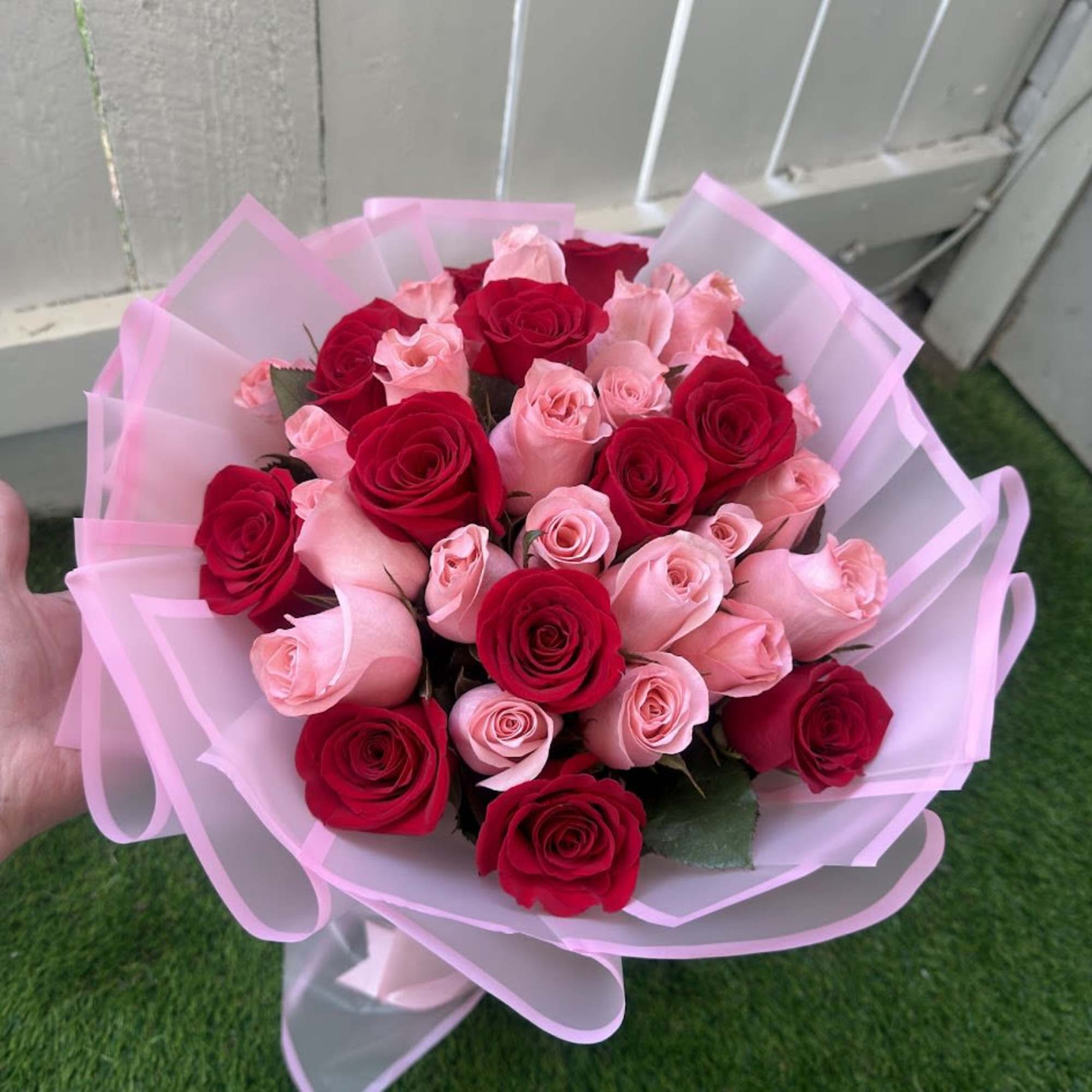 Elegant bouquet featuring 36 stems of red and pink roses, carefully designed, photo 4 of 4