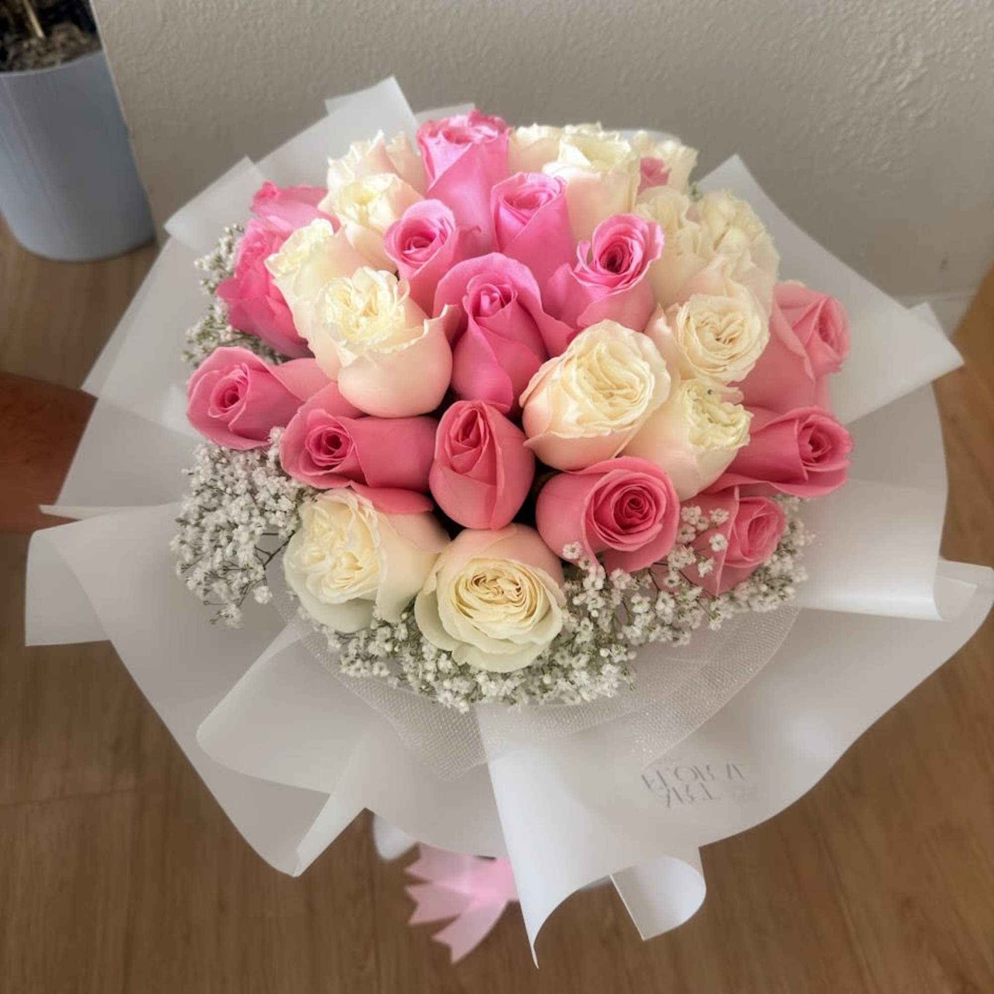 A delicate harmony of 36 pink and white roses, beautifully complemented by, photo 2 of 3