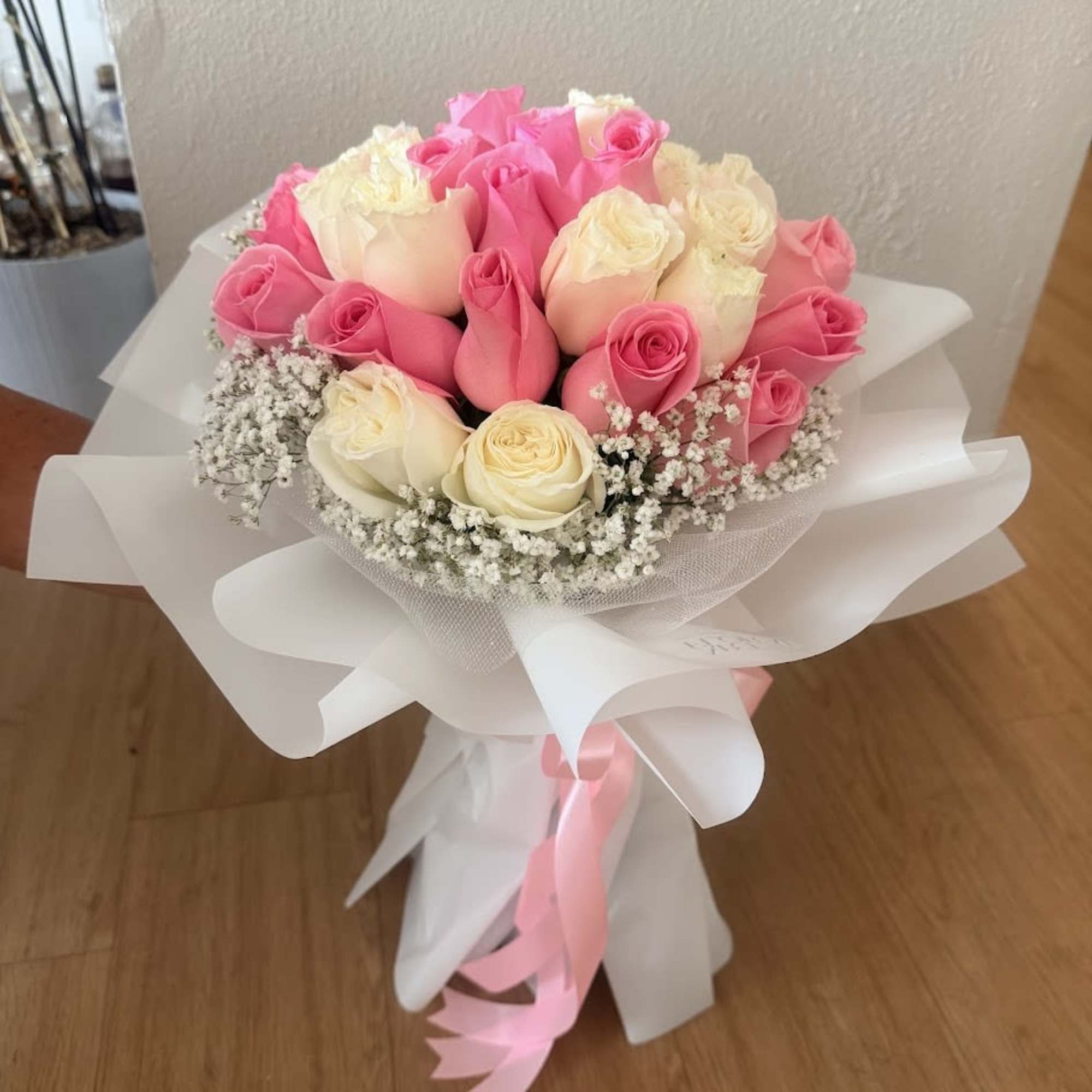 A delicate harmony of 36 pink and white roses, beautifully complemented by, photo 3 of 3