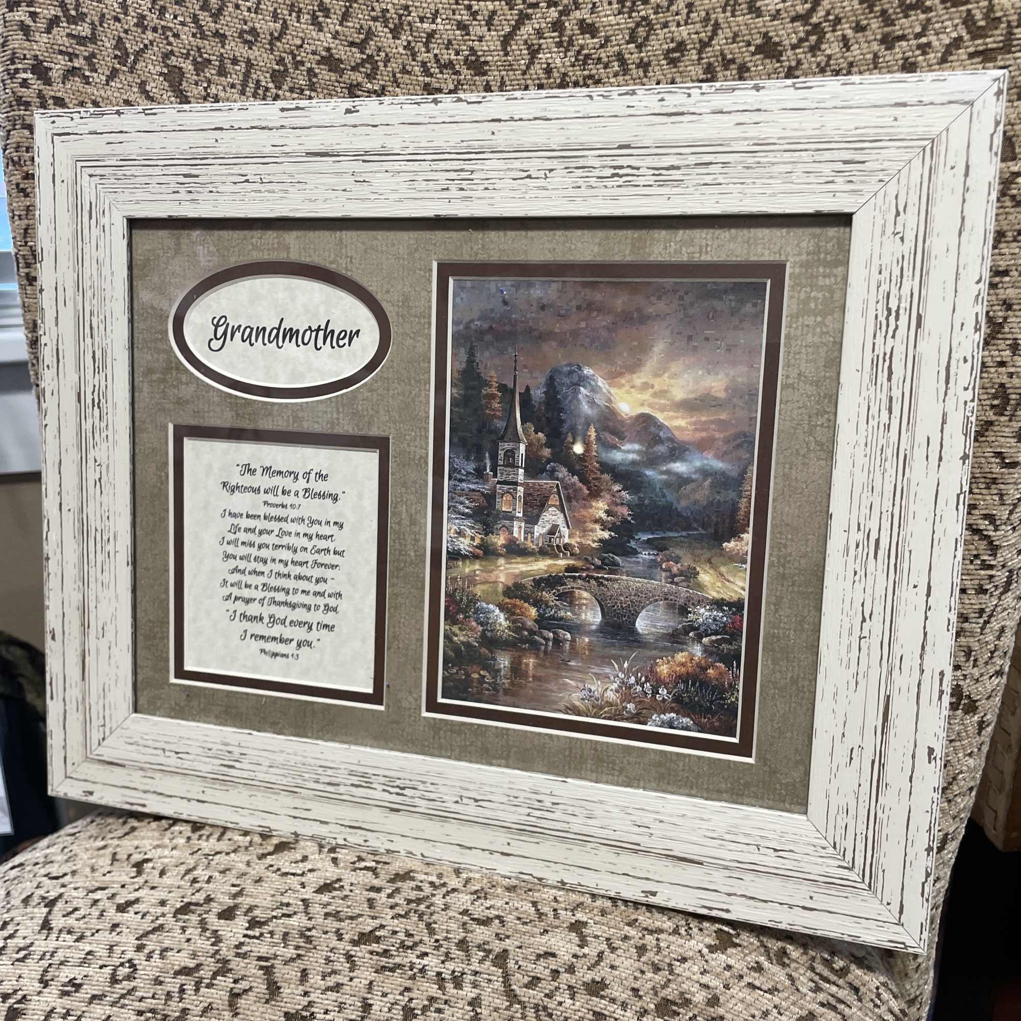 Framed memorial plaque with the word Grandmother and a landscape print