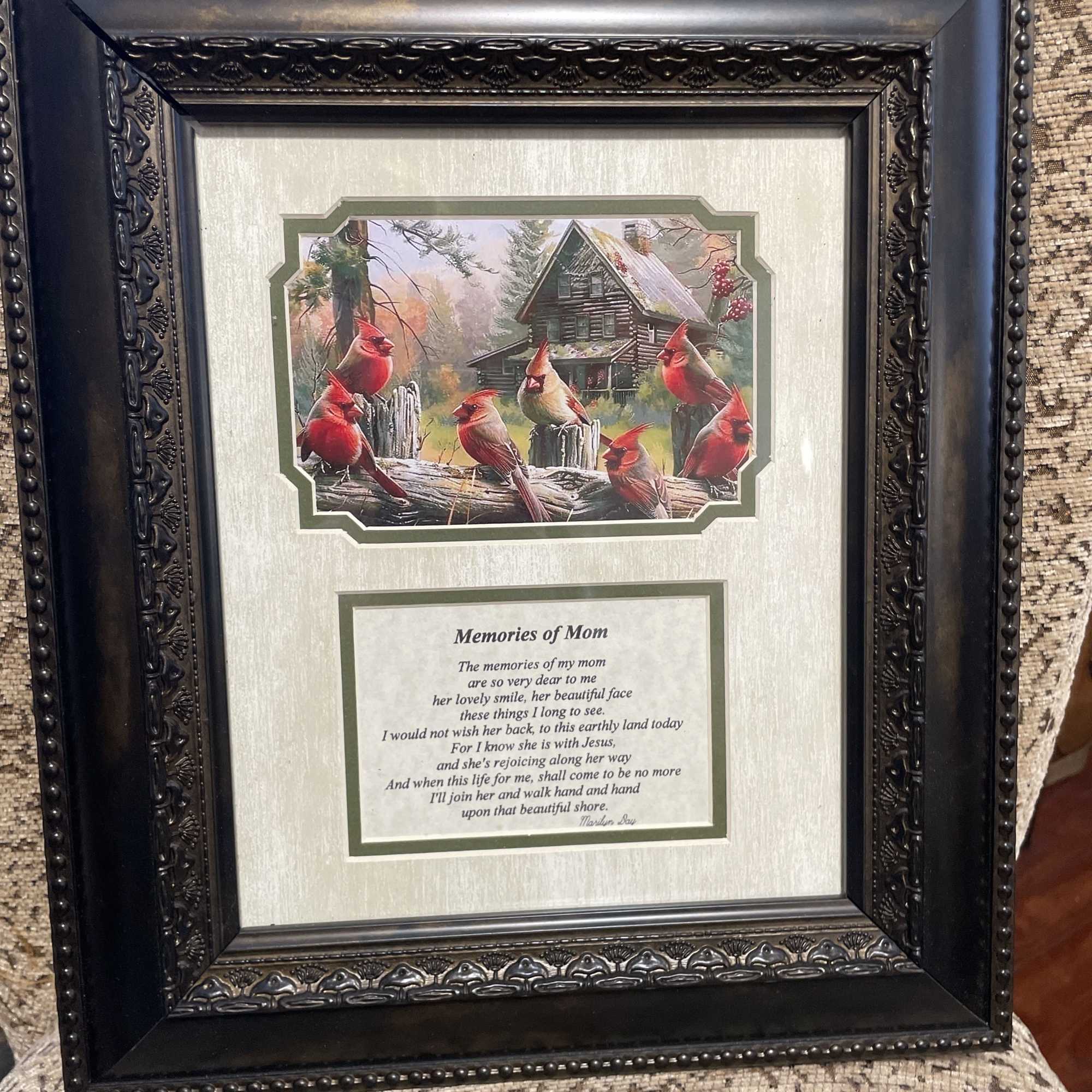 Framed memorial print with red birds and a poem titled Memories of Mom
