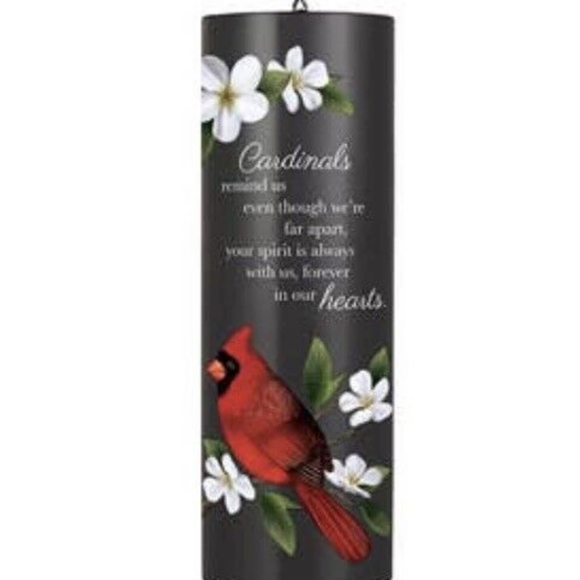 A single red cardinal perched against a deep black cylinder makes this