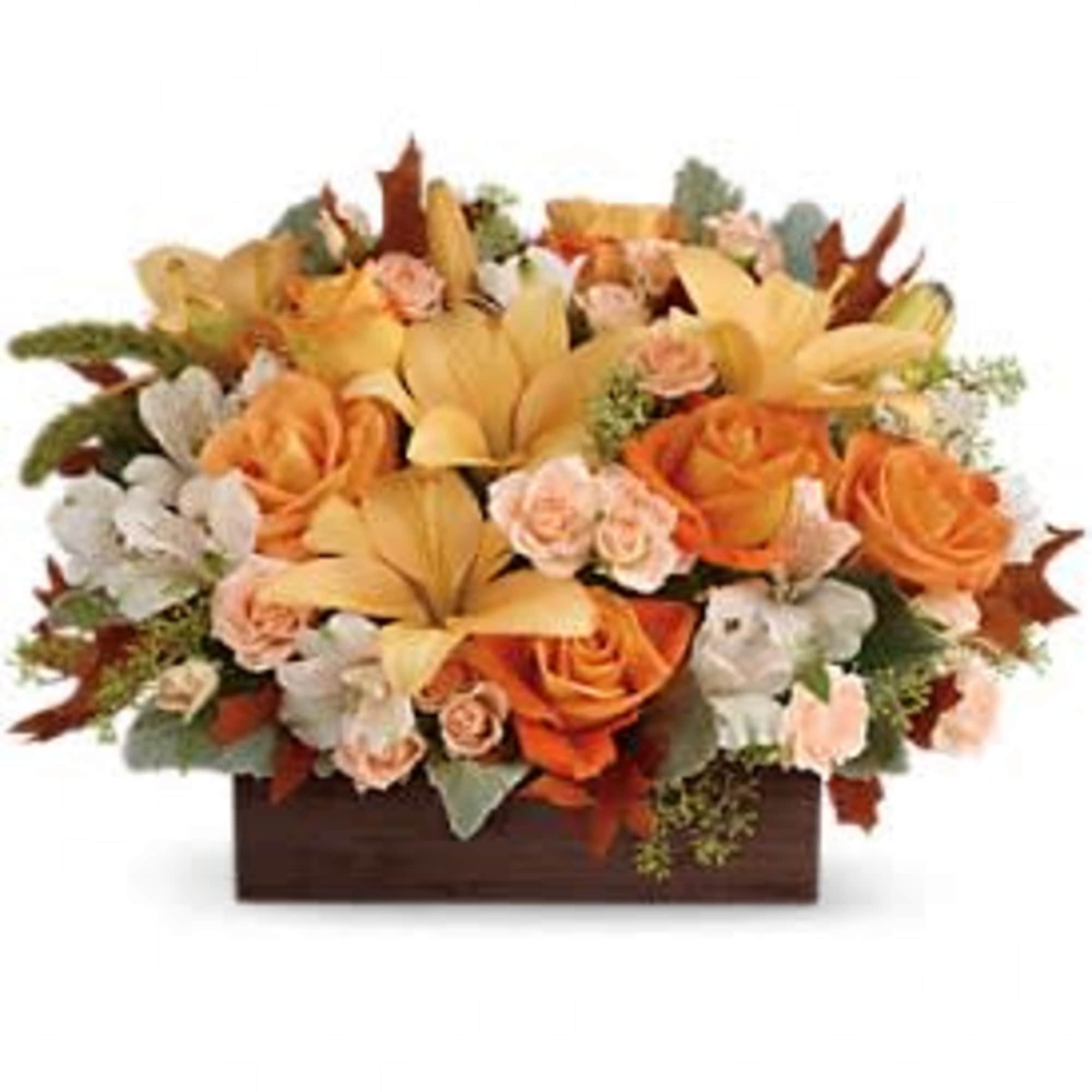 Orange and yellow floral arrangement in a rectangular wooden box, photo 3 of 3