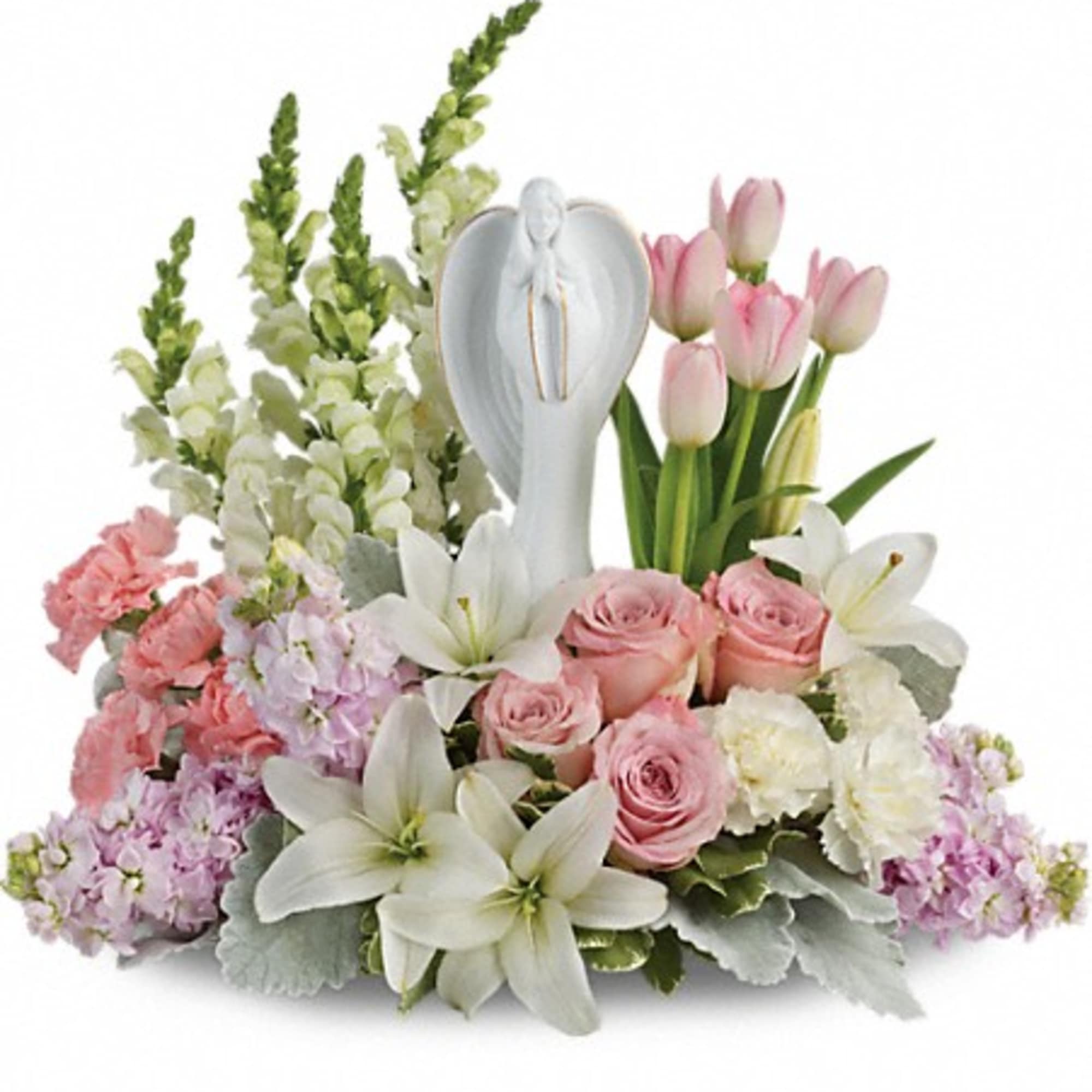 Pink and white floral arrangement with a white heart ornament