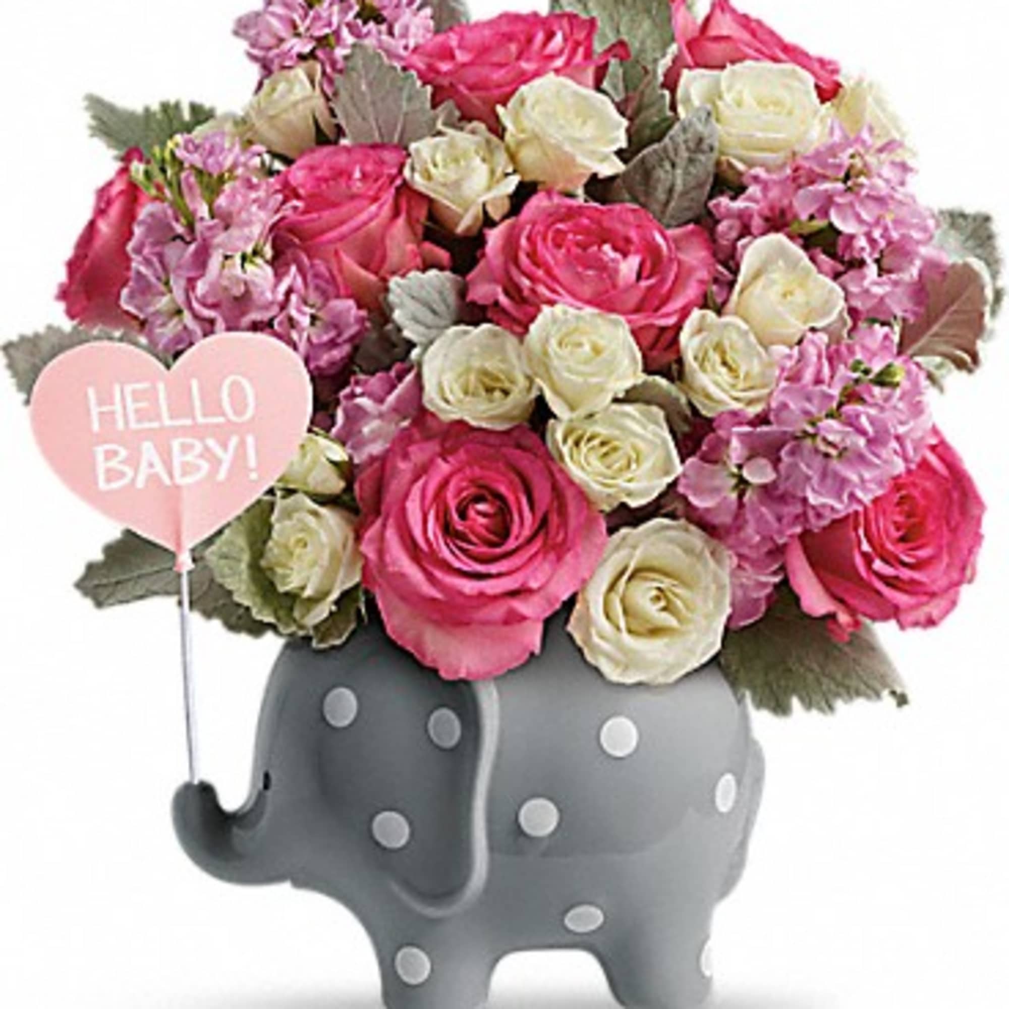 Pink and white rose bouquet in a gray elephant vase with a "Hello Baby!" sign