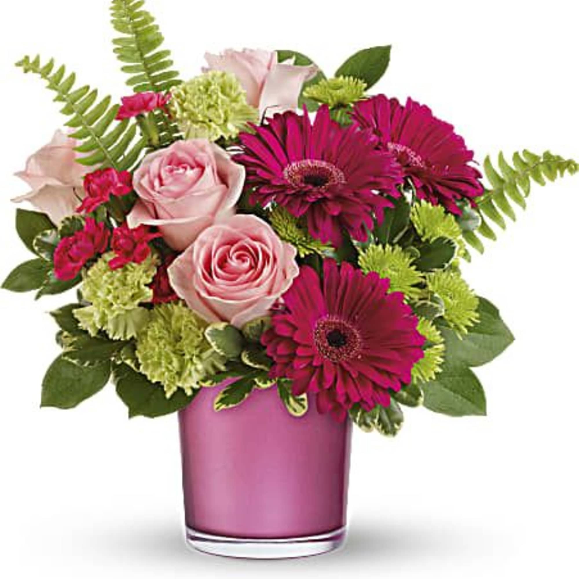 Pink roses and magenta daisies in a pink vase