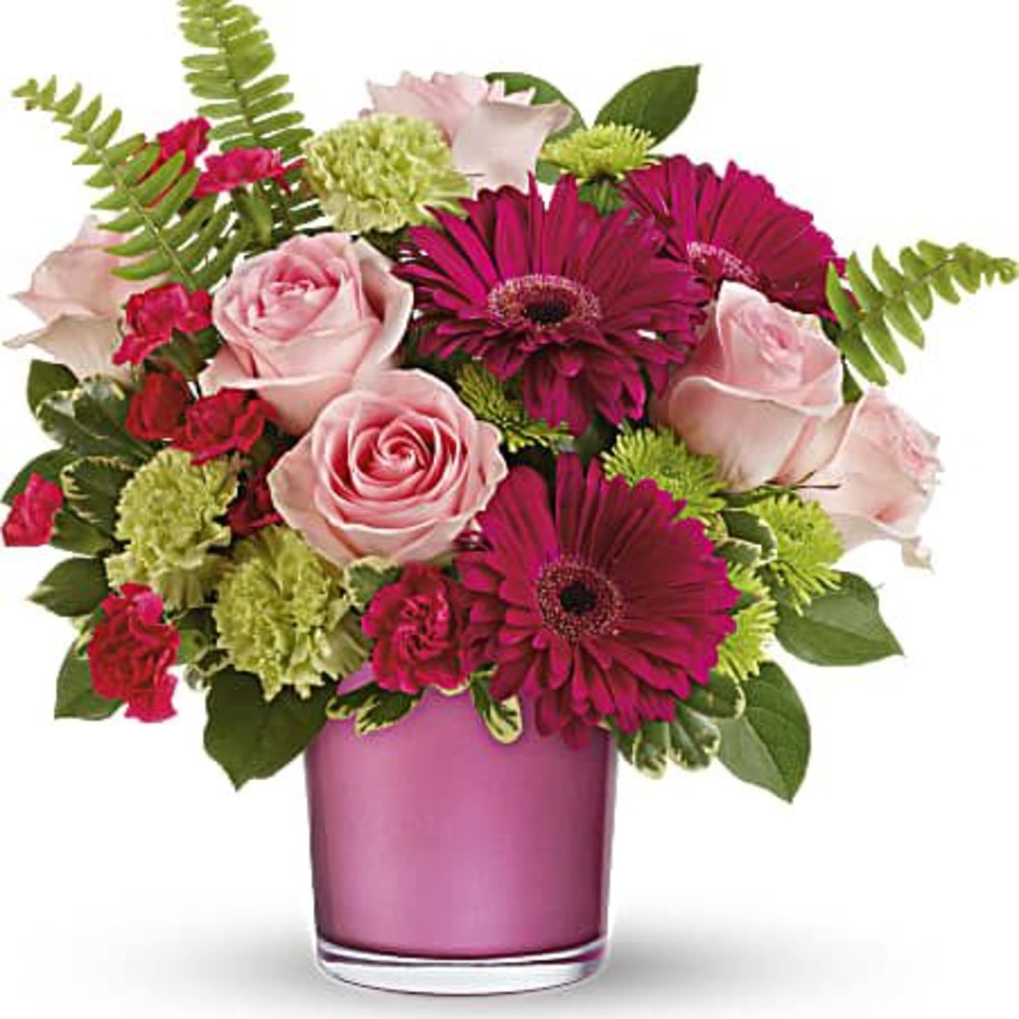 Pink roses and magenta daisies in a pink glass vase