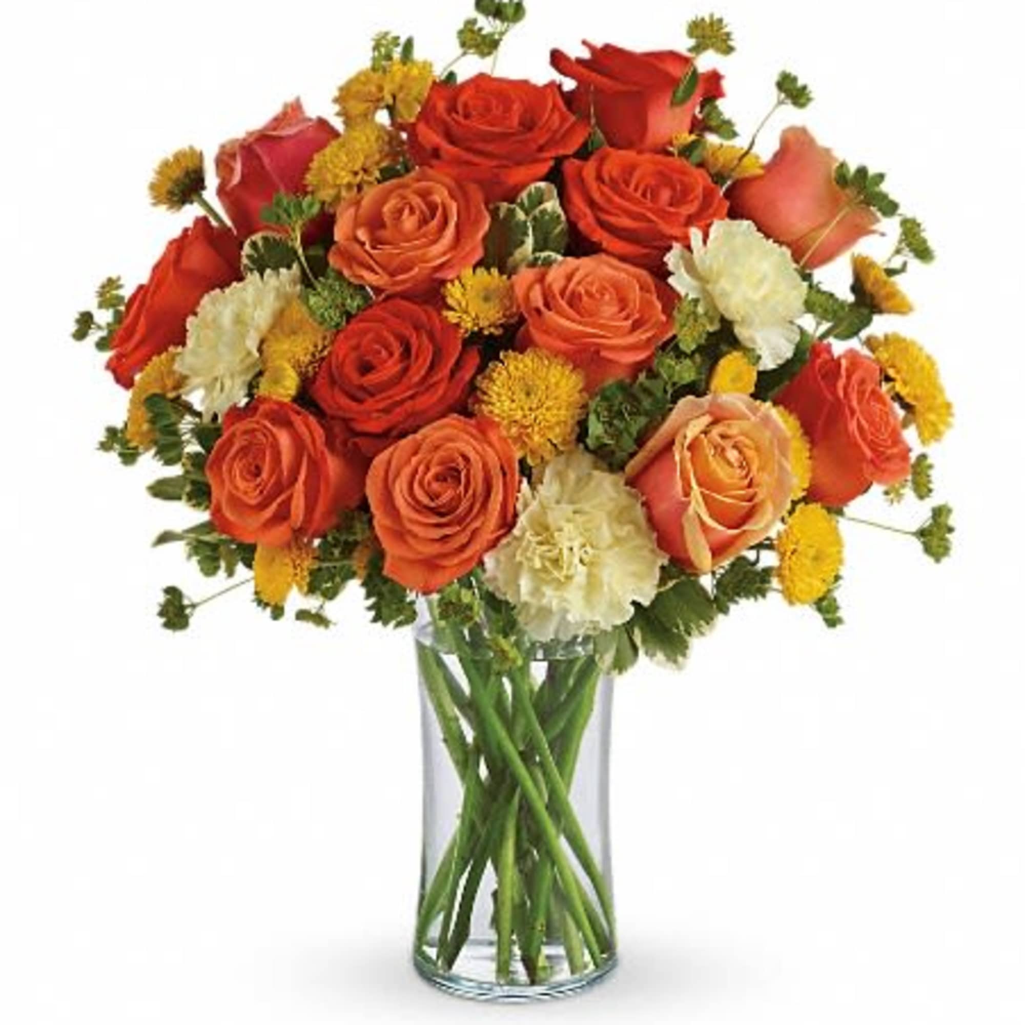 Bouquet of orange and red roses in a clear glass vase