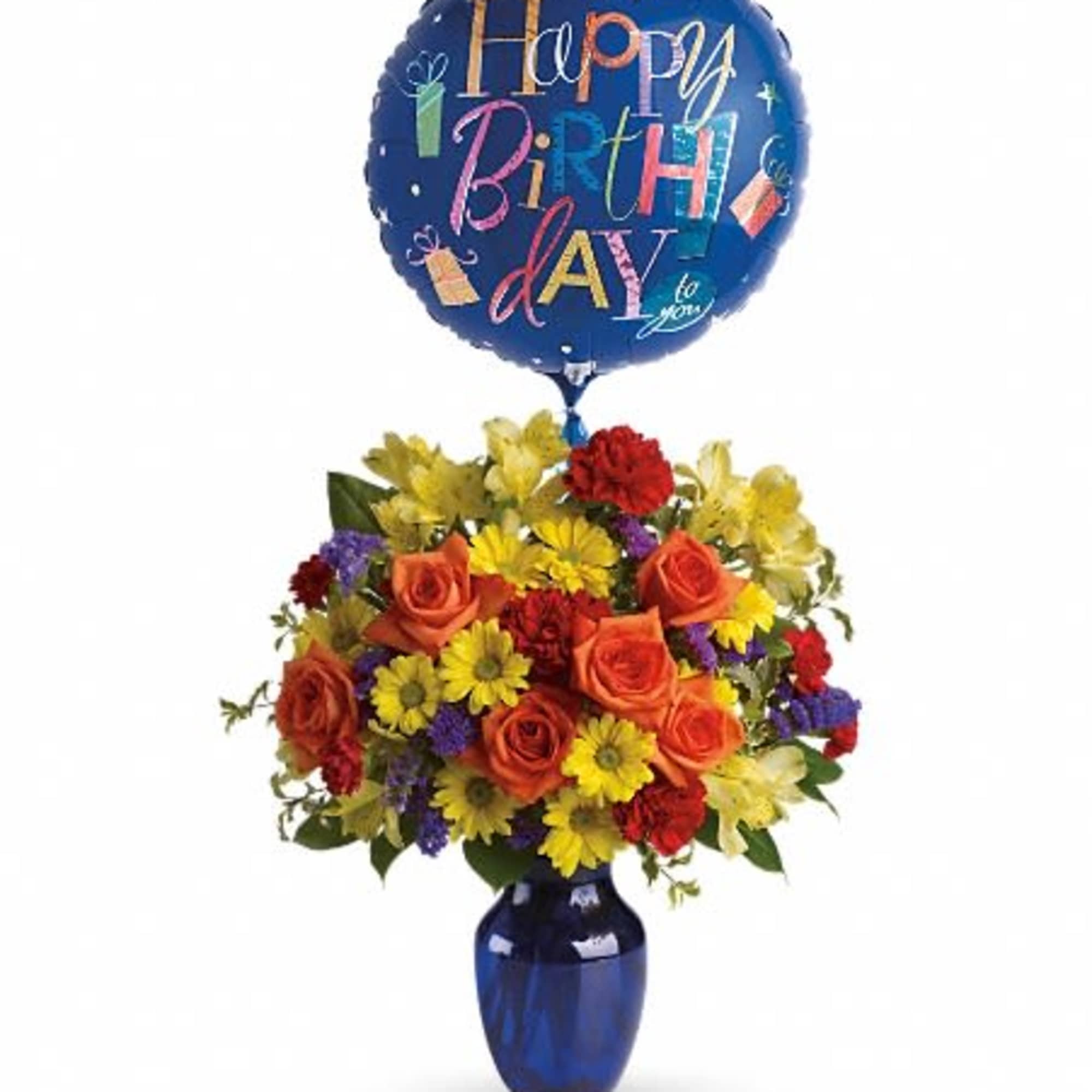 Birthday balloon above a colorful flower arrangement in a blue vase