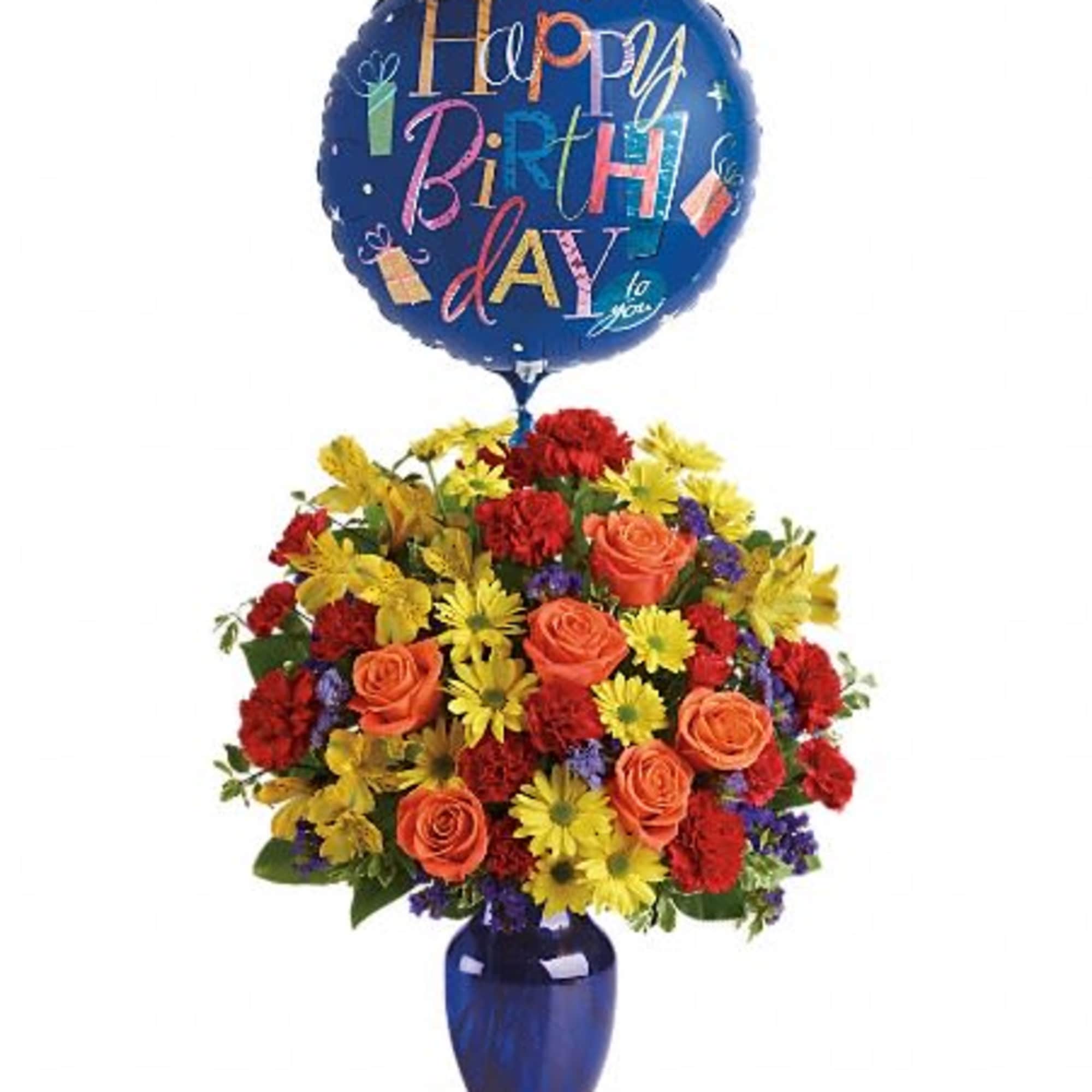 Birthday bouquet in a blue vase with a Happy Birthday balloon