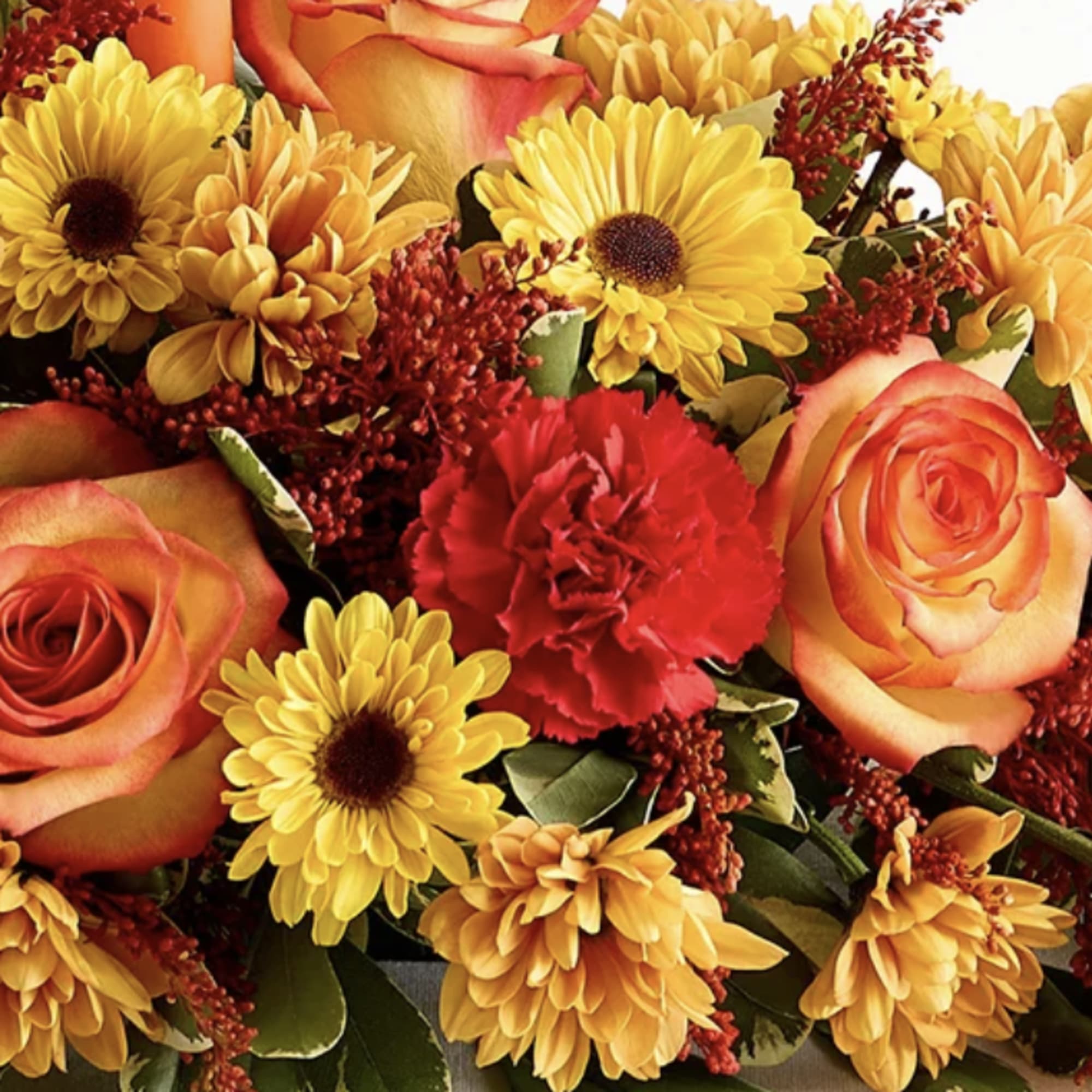 Bouquet of orange roses, yellow daisies, and a red carnation
