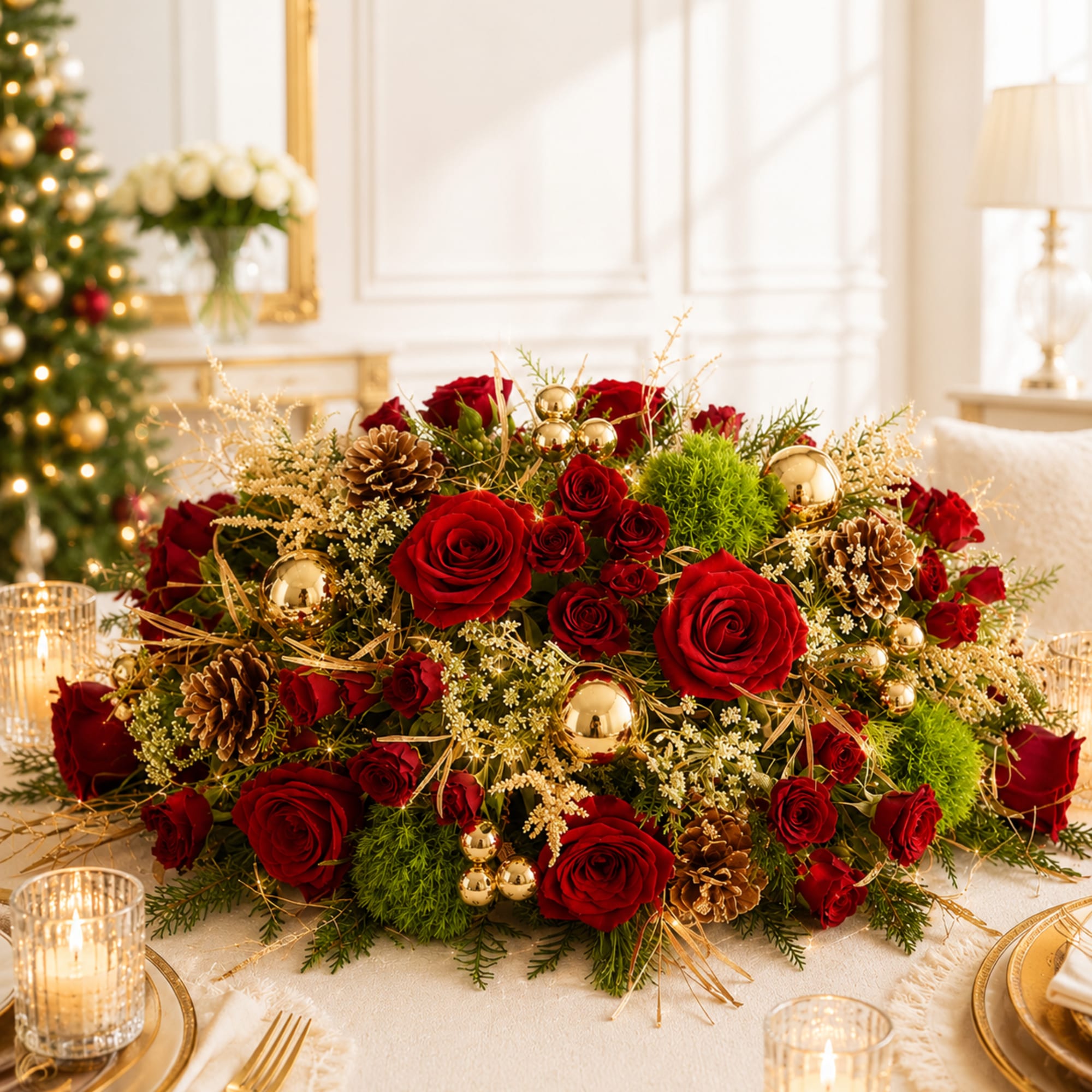 Red rose centerpiece with pinecones and gold ornaments on a table