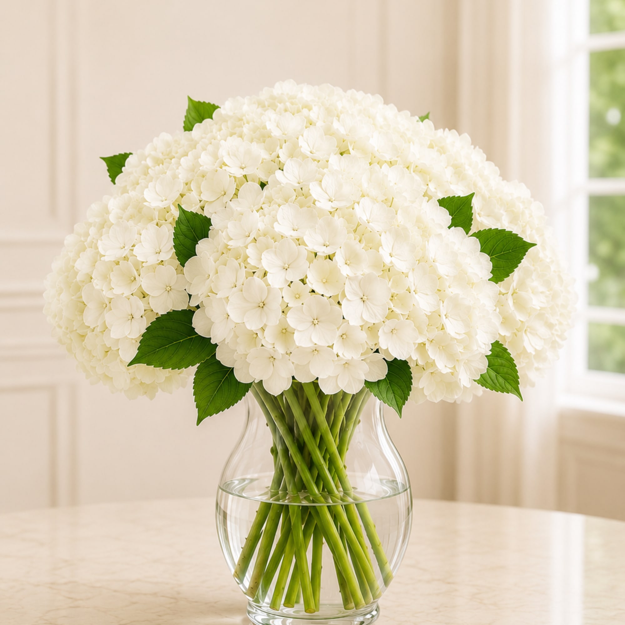 A handcrafted bouquet of lovely white hydrangeas with fresh-cut green accents in, photo 2 of 2