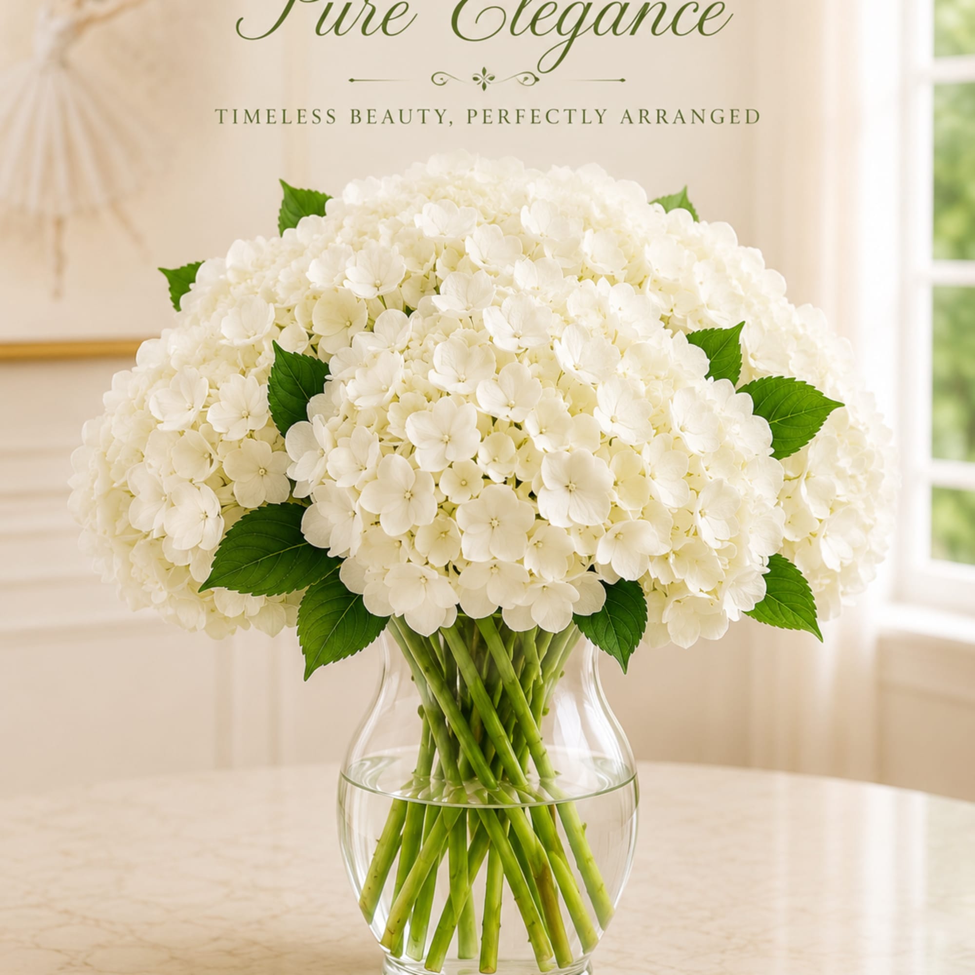 A handcrafted bouquet of lovely white hydrangeas with fresh-cut green accents in