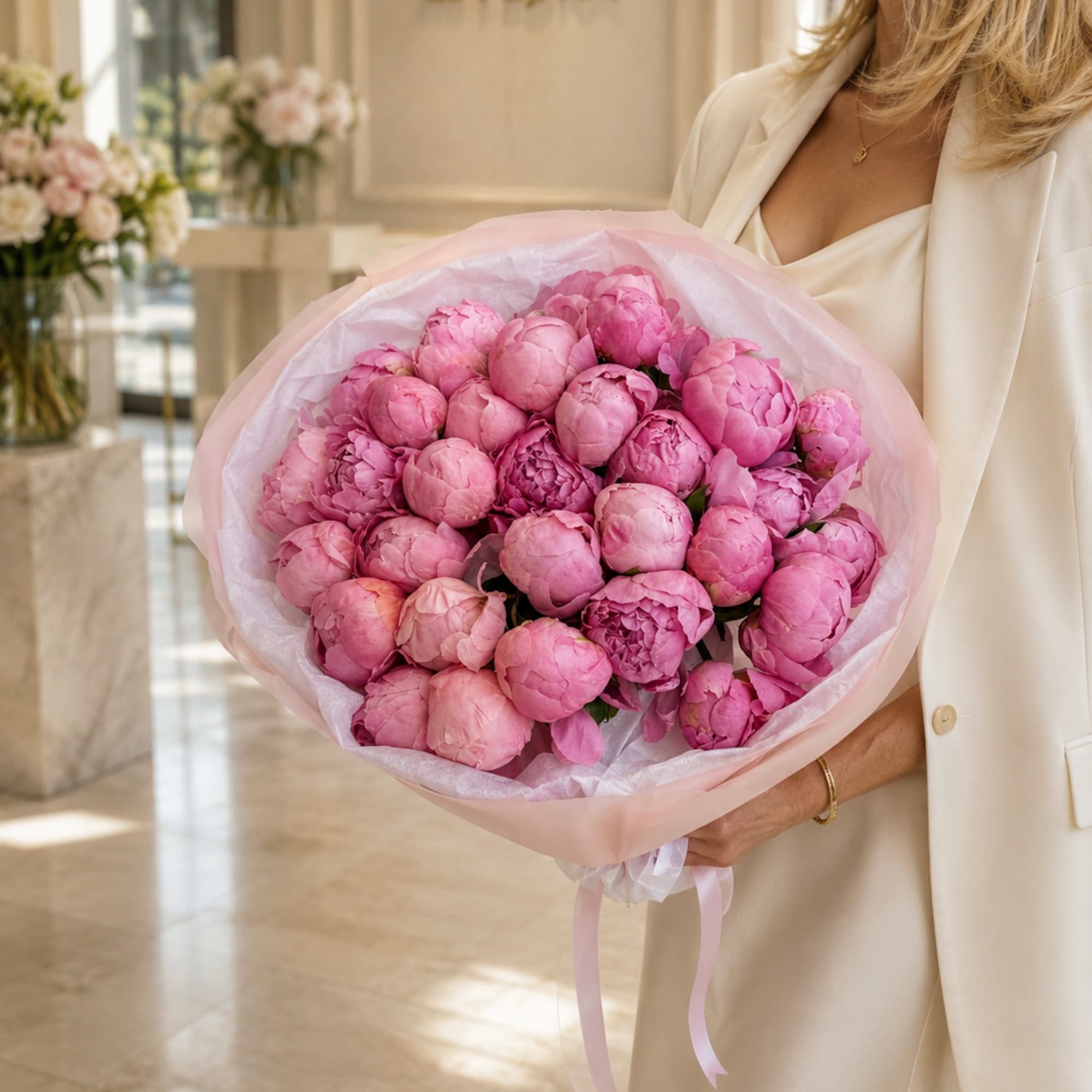 A lush cluster of pink peonies creates an immediate sense of tenderness, photo 2 of 2