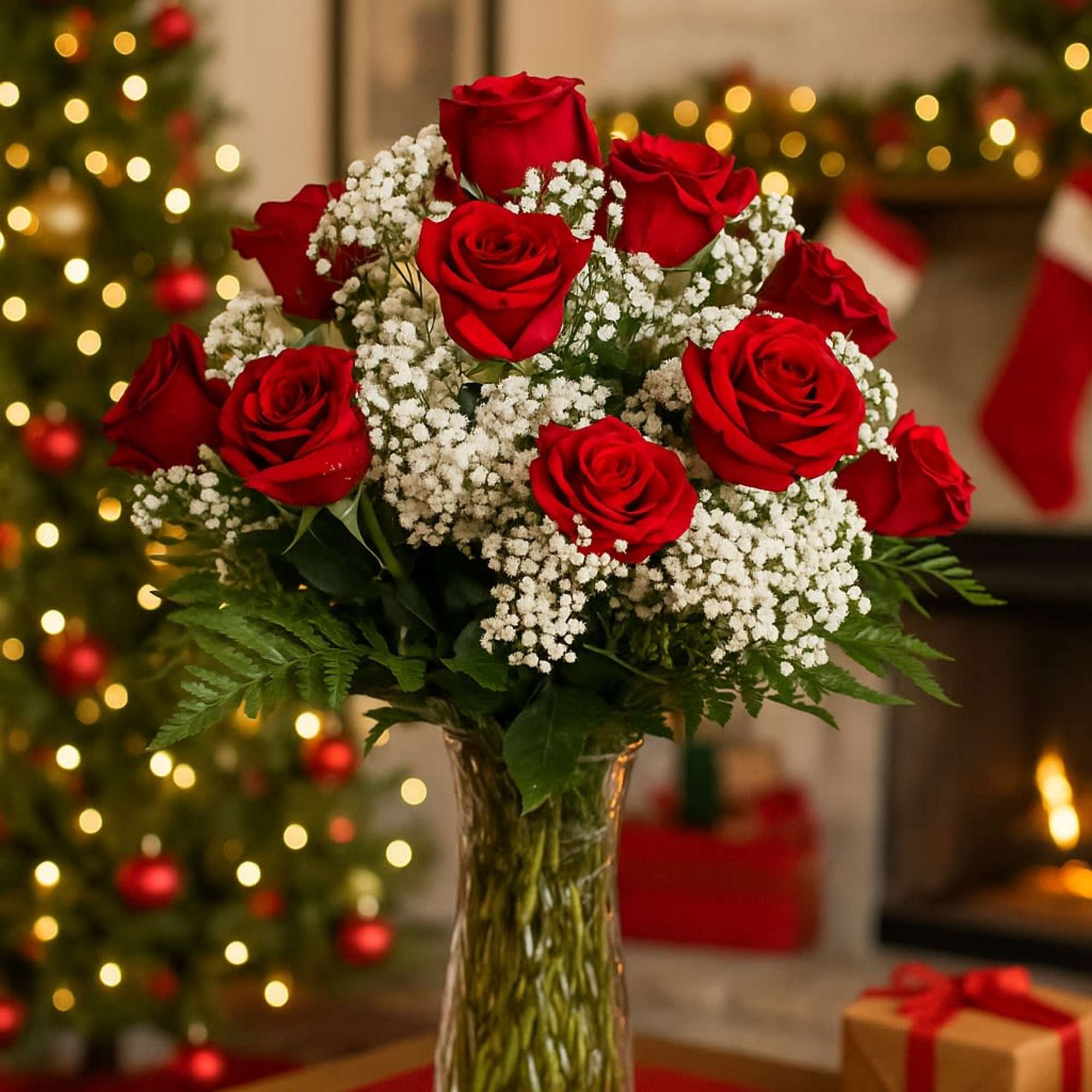 Tall vase of red roses and white filler flowers on a table with holiday decor in the background
