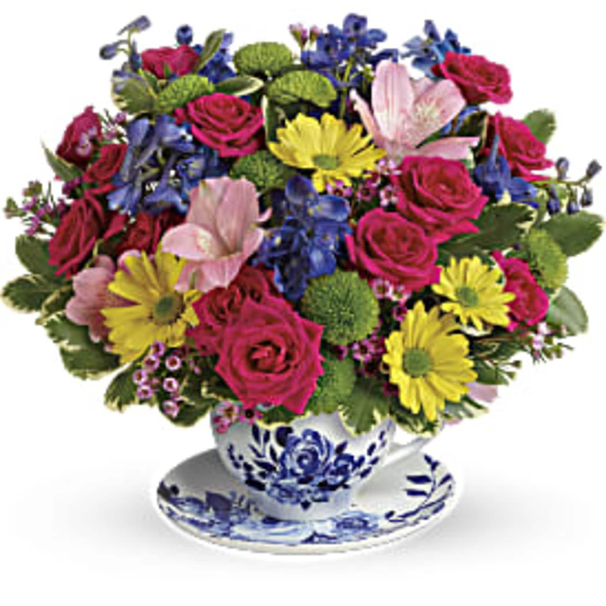 Mixed bouquet of pink roses, blue flowers, and yellow daisies in a blue-and-white teacup