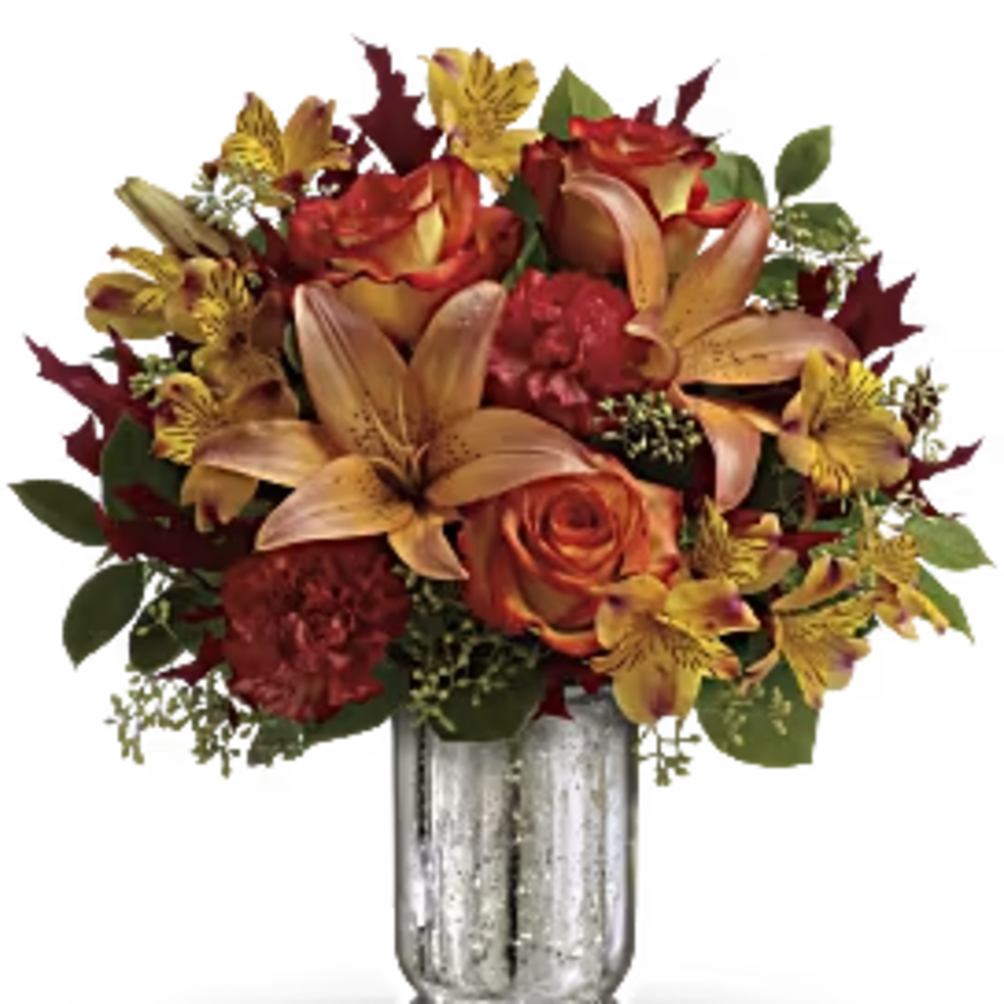 Stunning orange bi-color roses are arranged with orange asiatic lilies, yellow alstroemeria