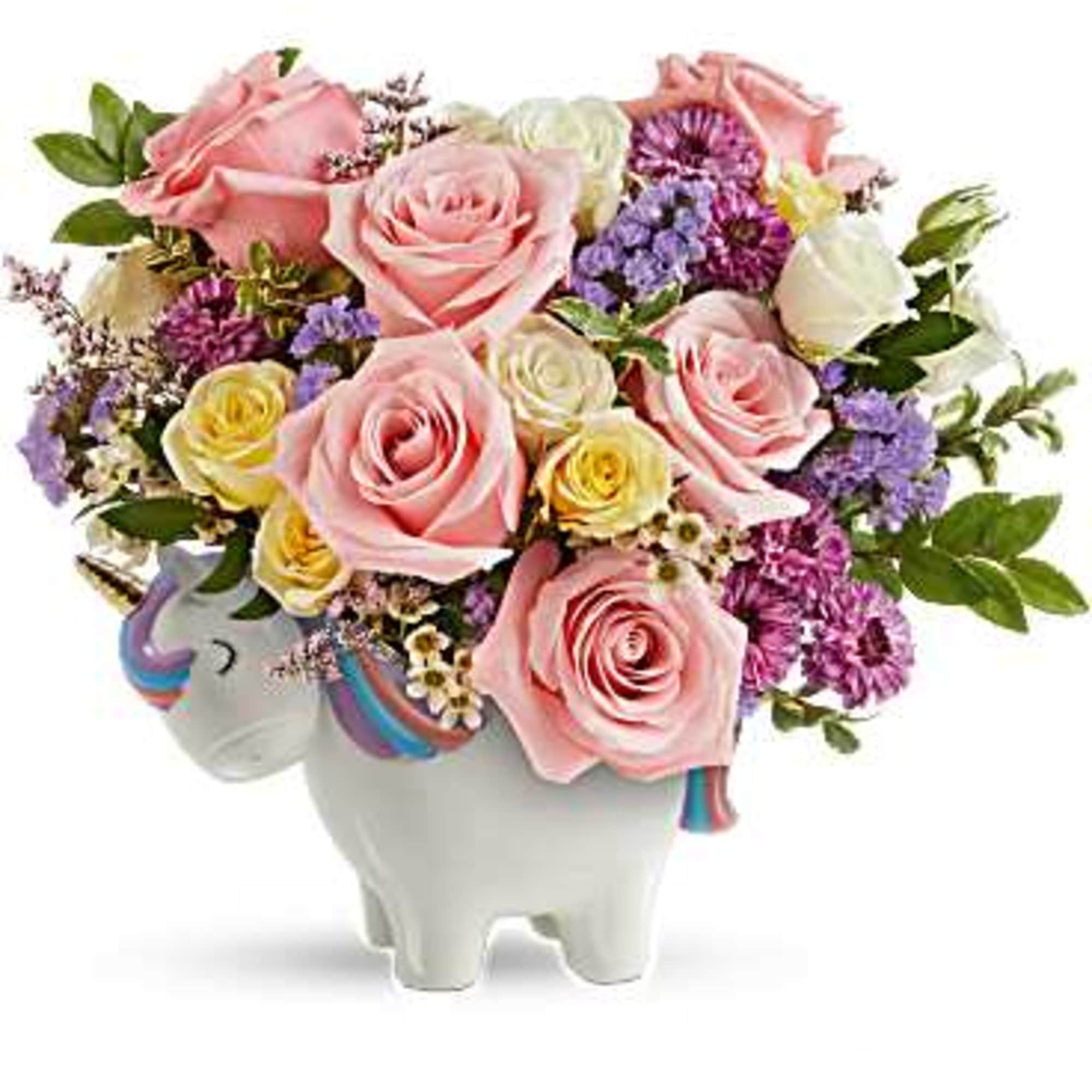 Pink and white rose bouquet in a unicorn-shaped vase