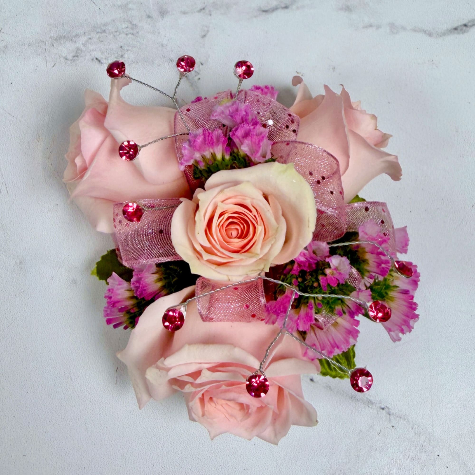 A cluster of petite blush pink spray roses accented with tiny pink, photo 2 of 4