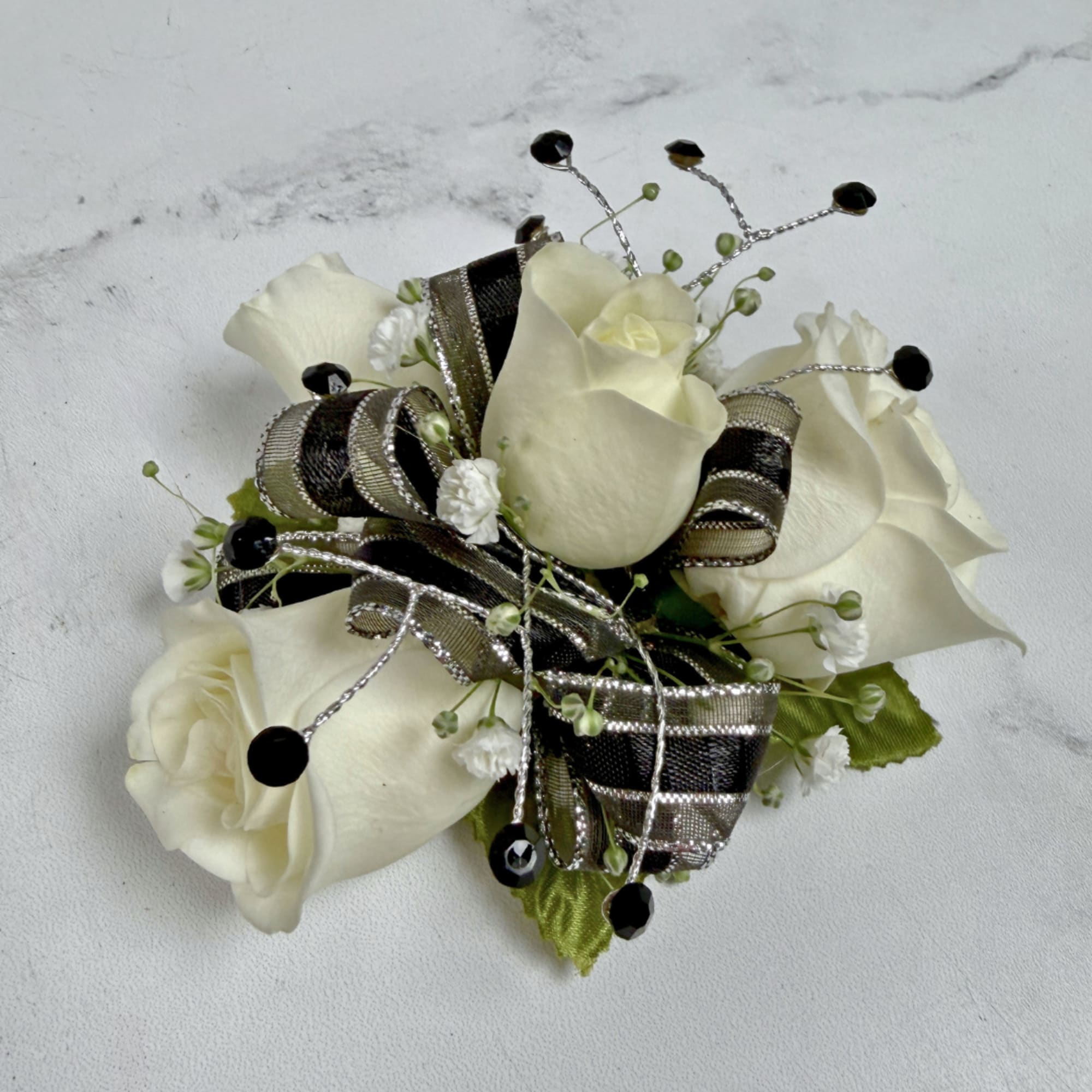 Petite cream-white spray roses contrasted with black and silver shimmering ribbon make, photo 2 of 4
