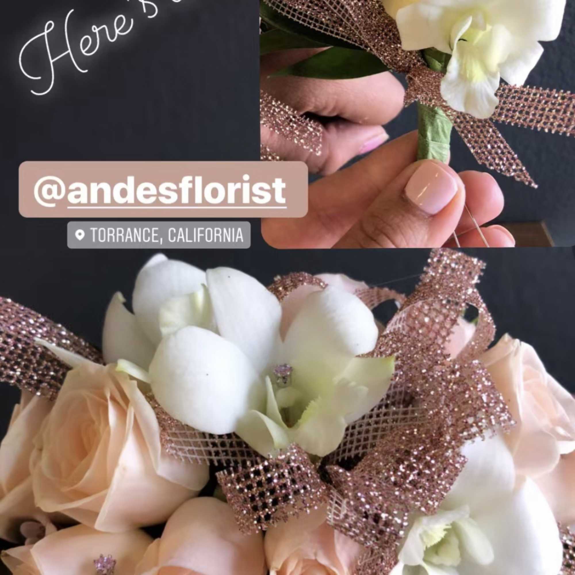 Small bouquet of peach roses and white orchids with a glittery ribbon