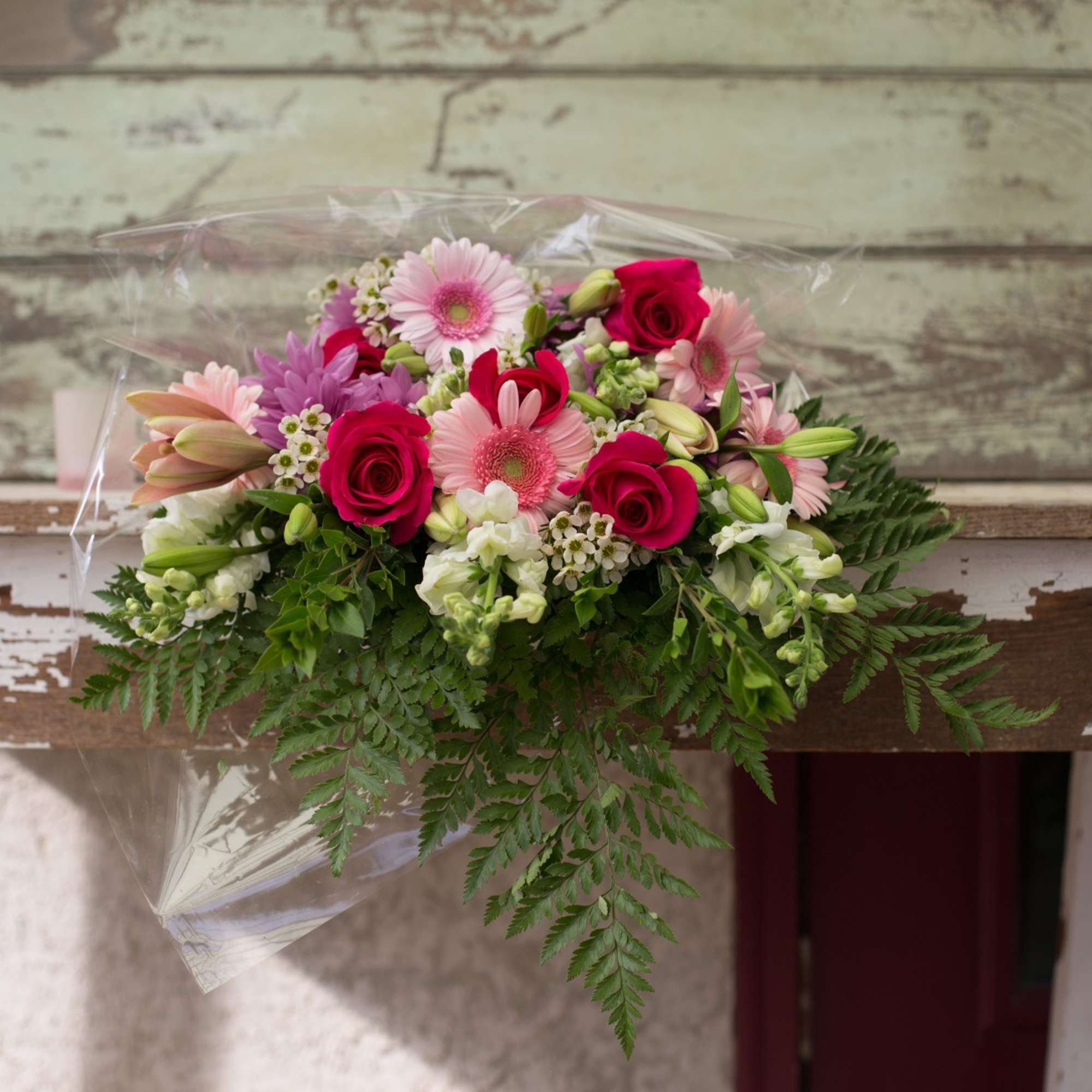 Bouquet of pink and red flowers wrapped in clear plastic