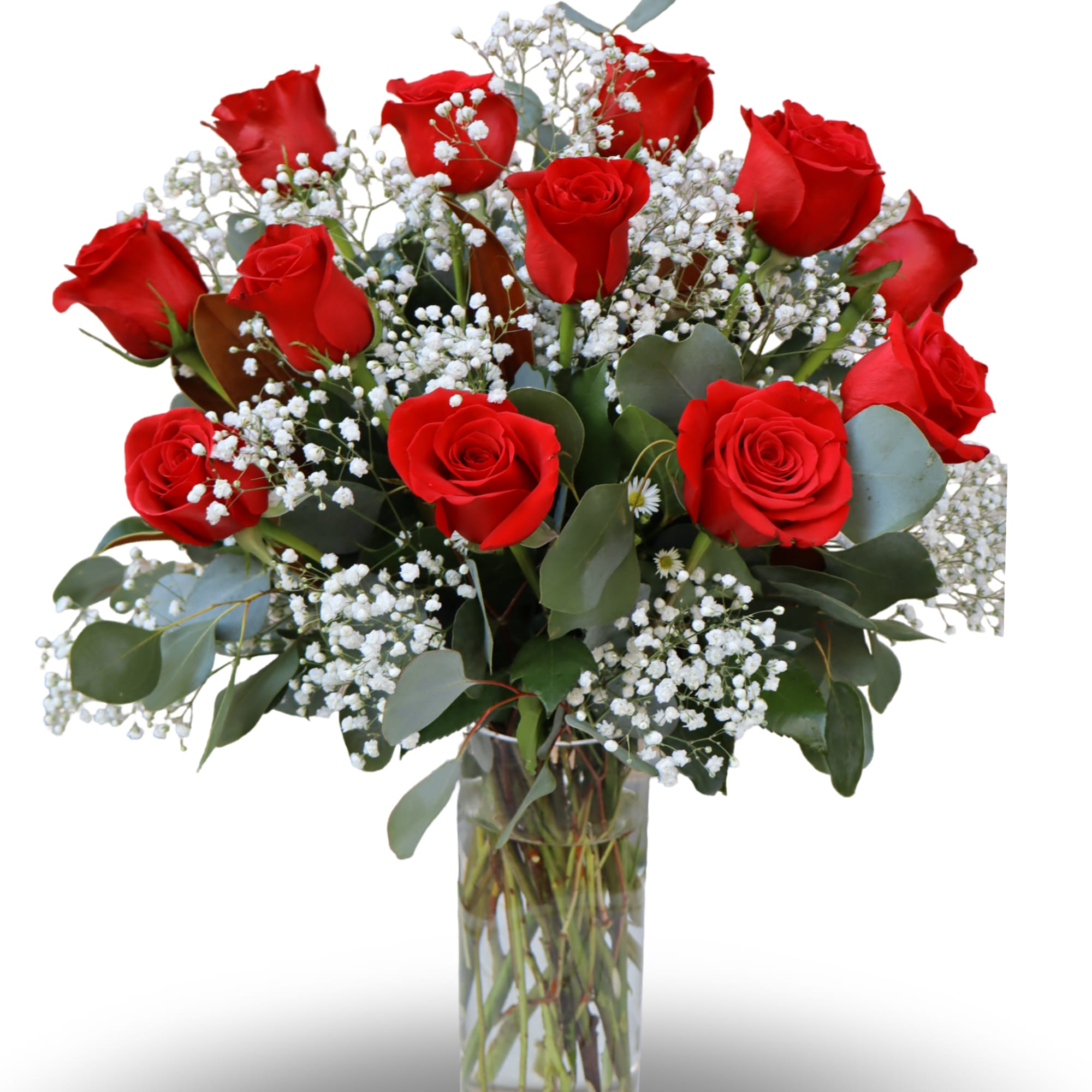 Red roses arranged in a clear glass vase with white baby's breath