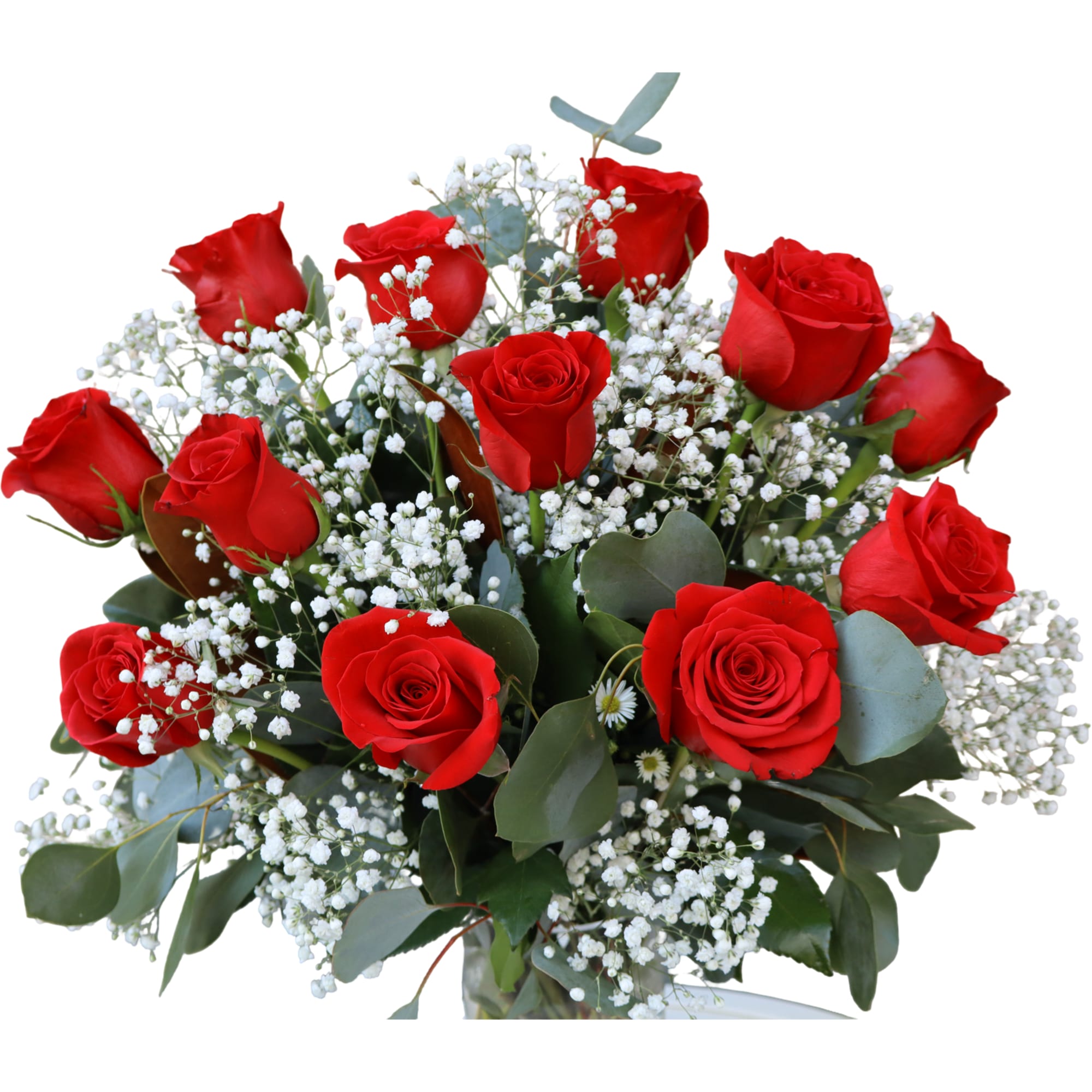 Bouquet of red roses with white baby's breath