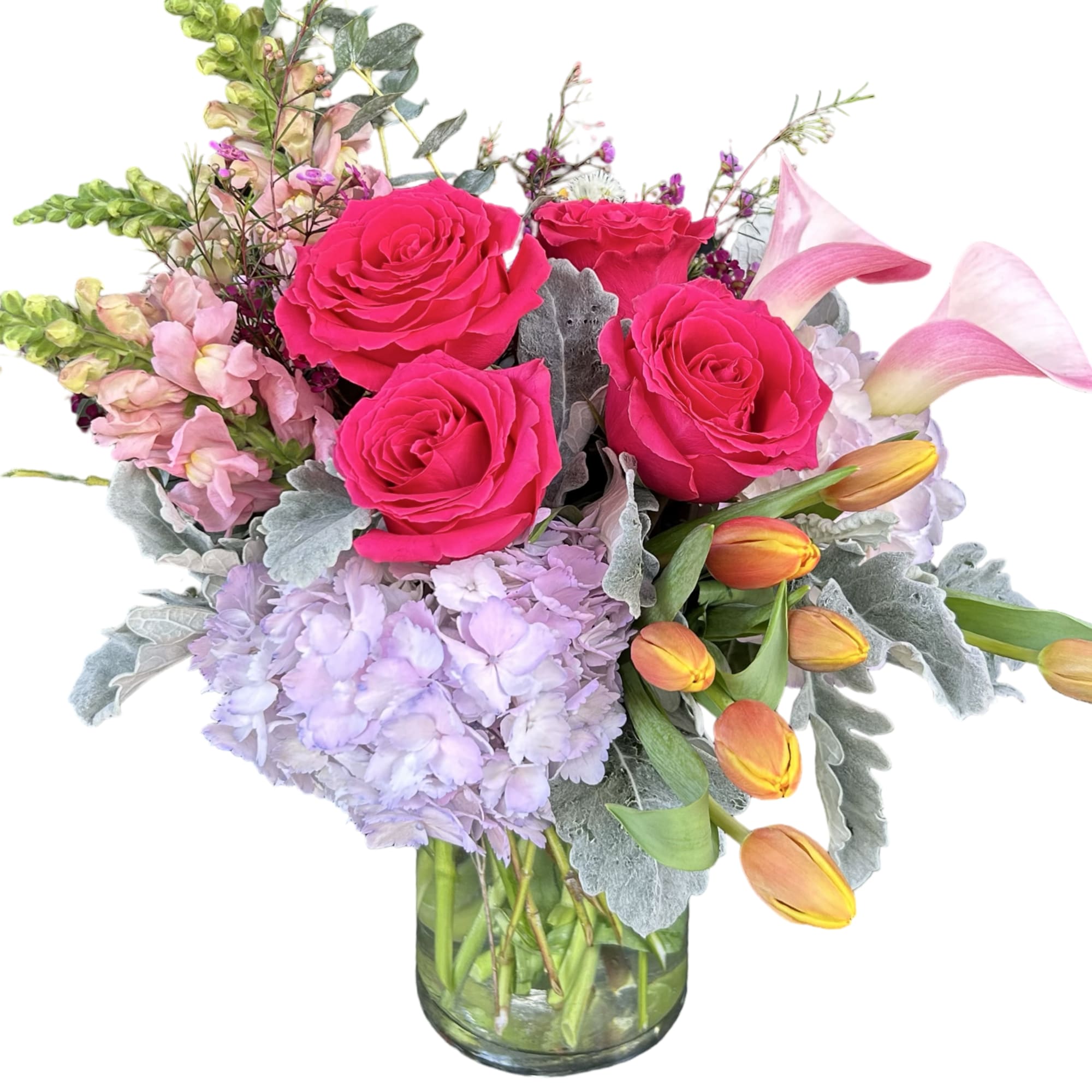 Vivid hot-pink roses crown a cloud of lavender hydrangeas in this joyful, photo 2 of 3
