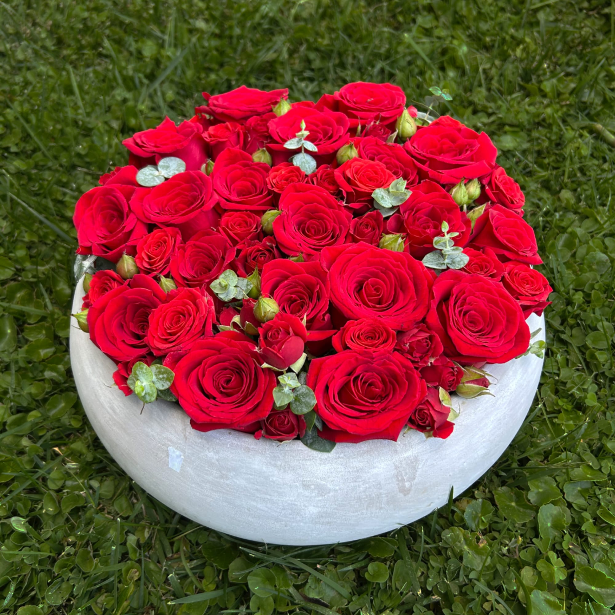 Round arrangement of red roses in a white bowl on grass