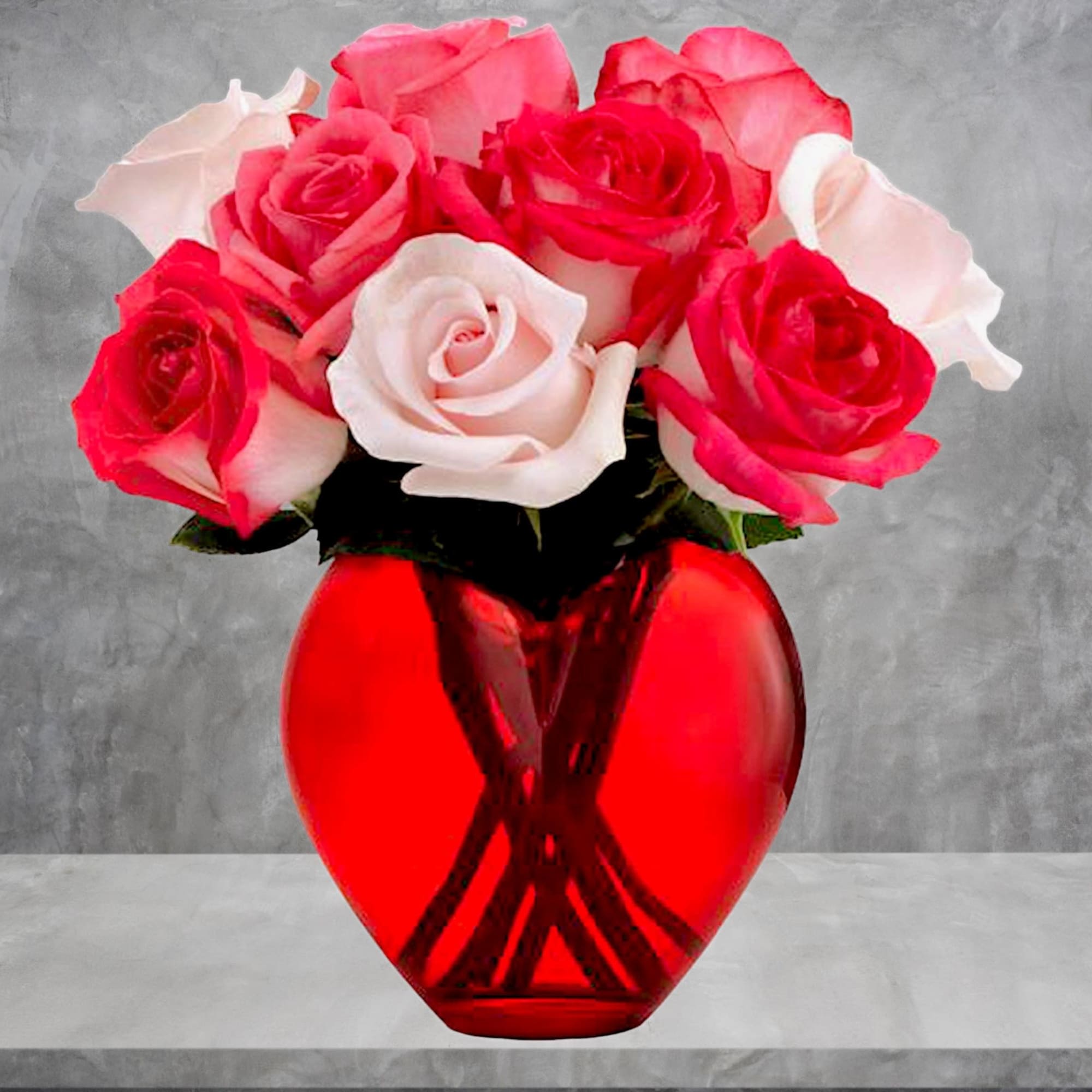 Pink and white roses in a red glass vase, photo 2 of 4