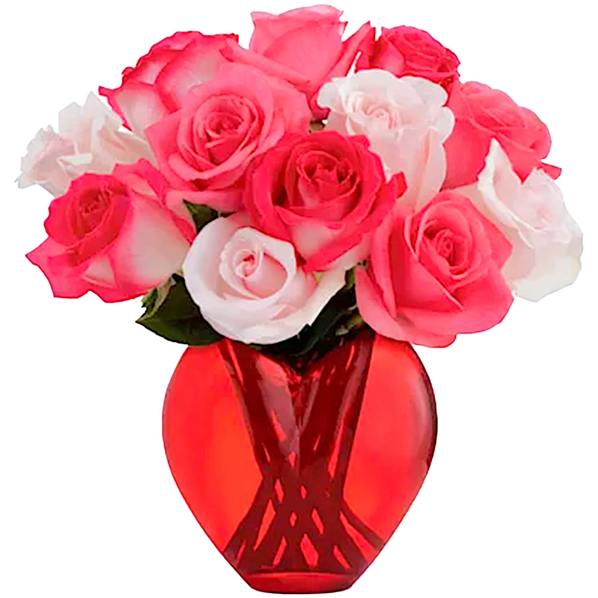 Pink and white roses arranged in a red glass vase